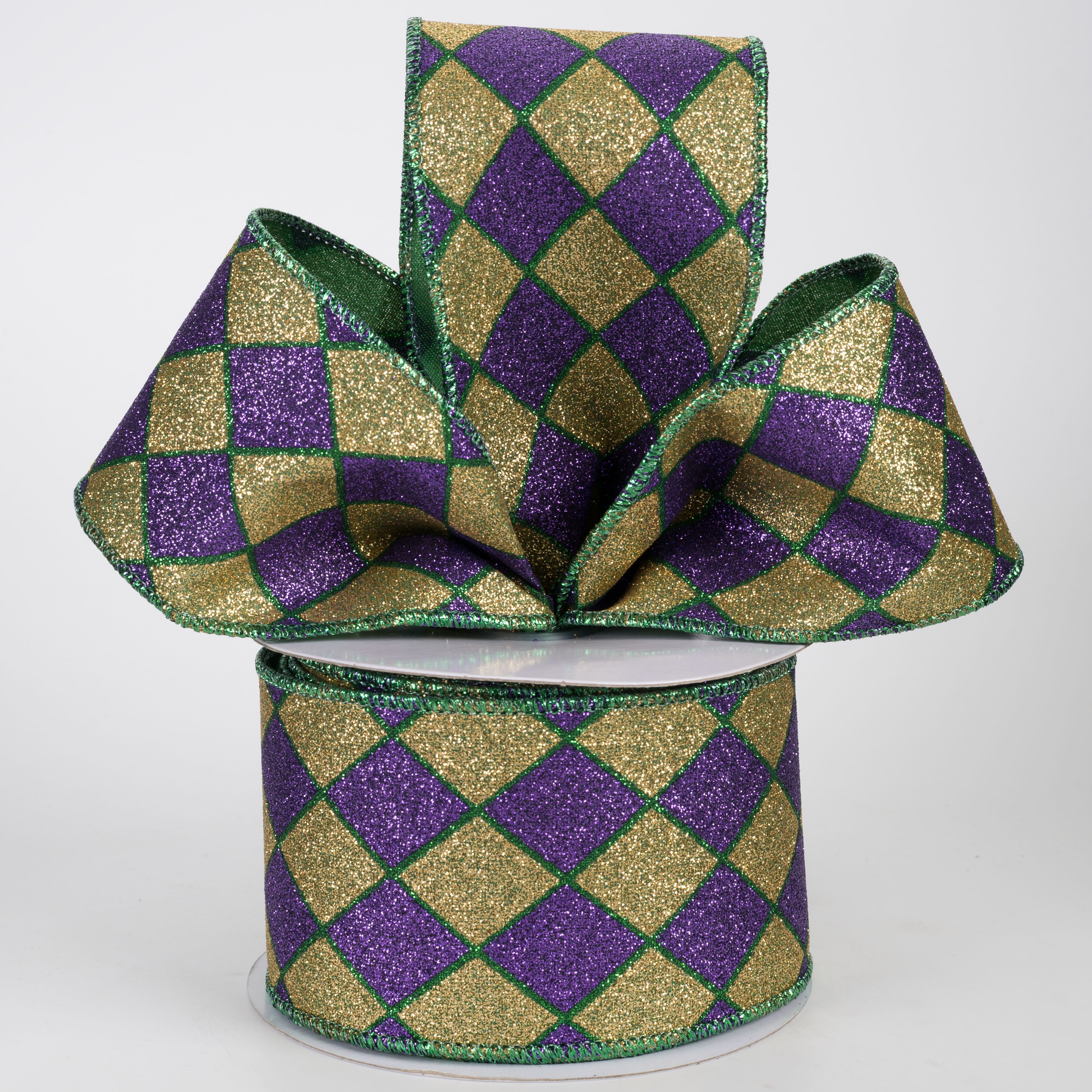 2.5" Harlequin Glitter Diamond Ribbon: Mardi Gras (10 Yards)