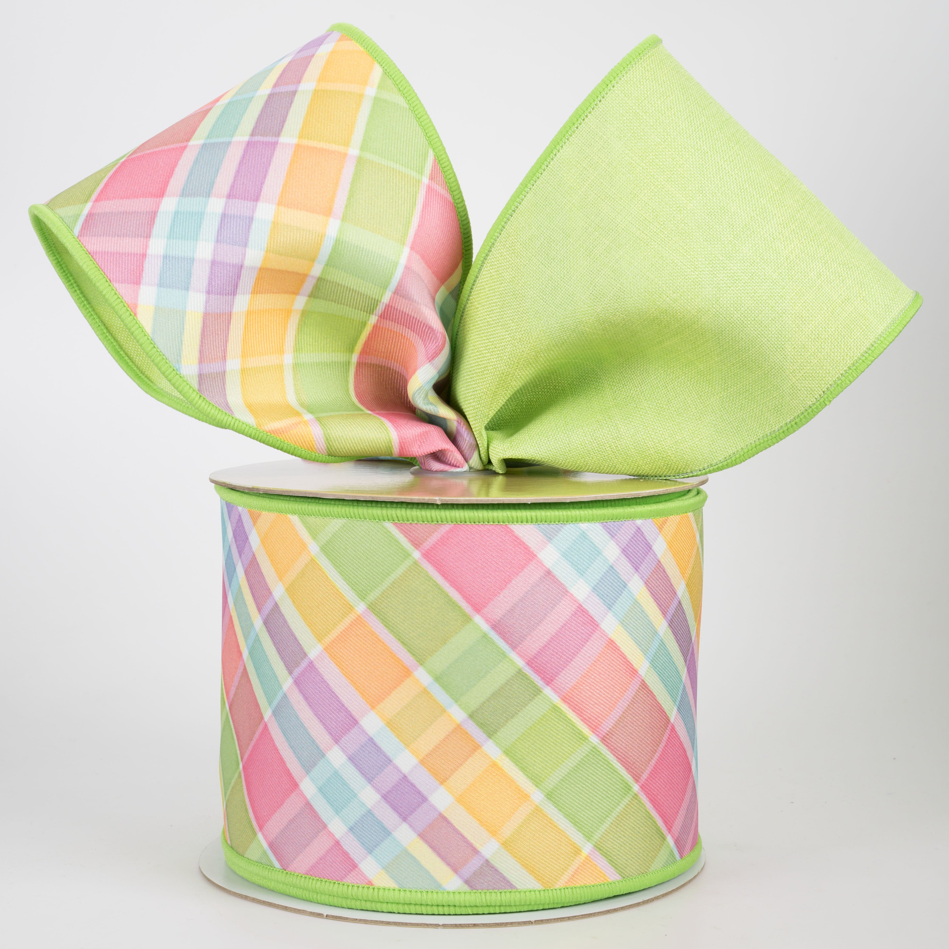 4" Double Sided Fused Plaid Ribbon: Spring Pastels (10 Yards)