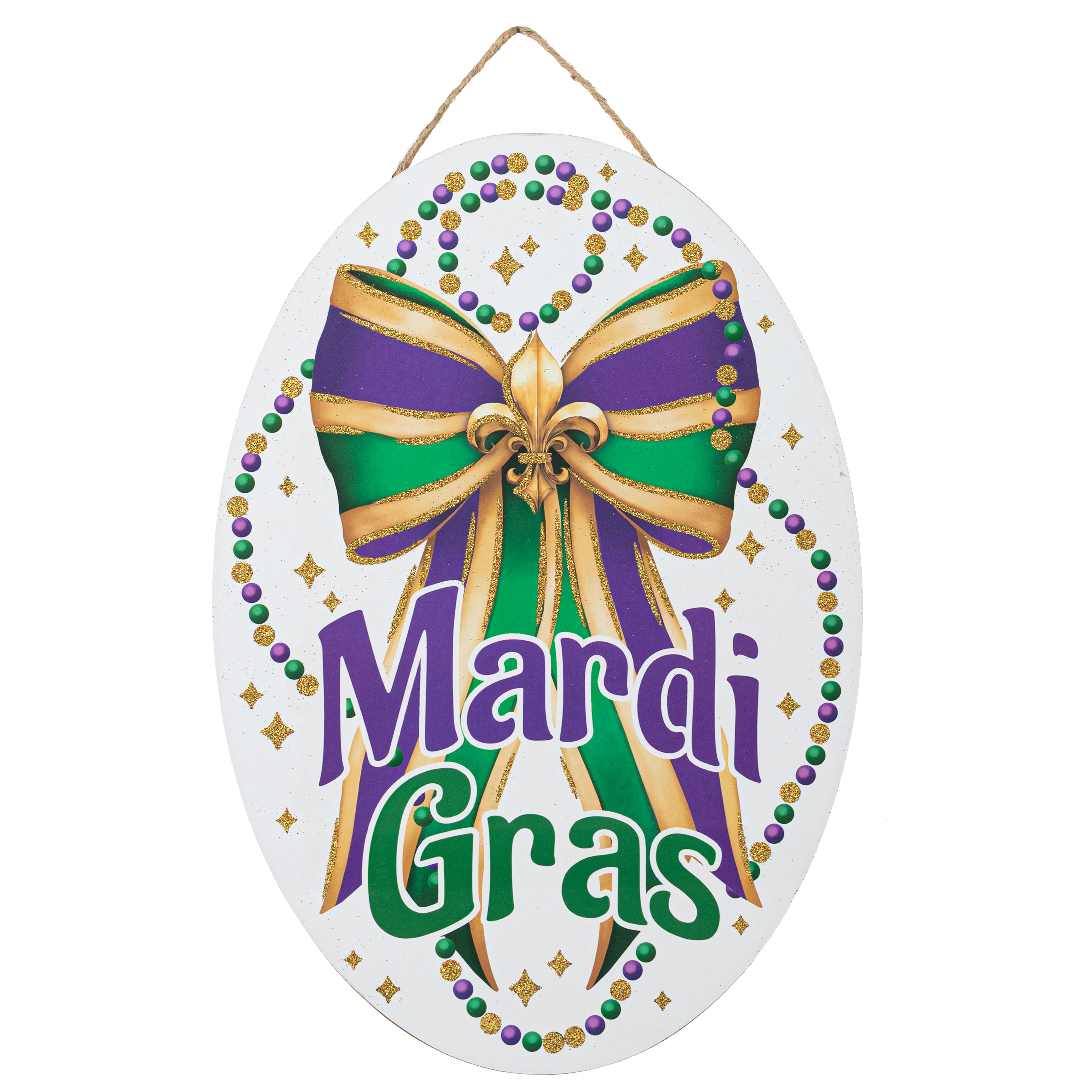 13" Oval Wooden Sign: Mardi Gras Bow