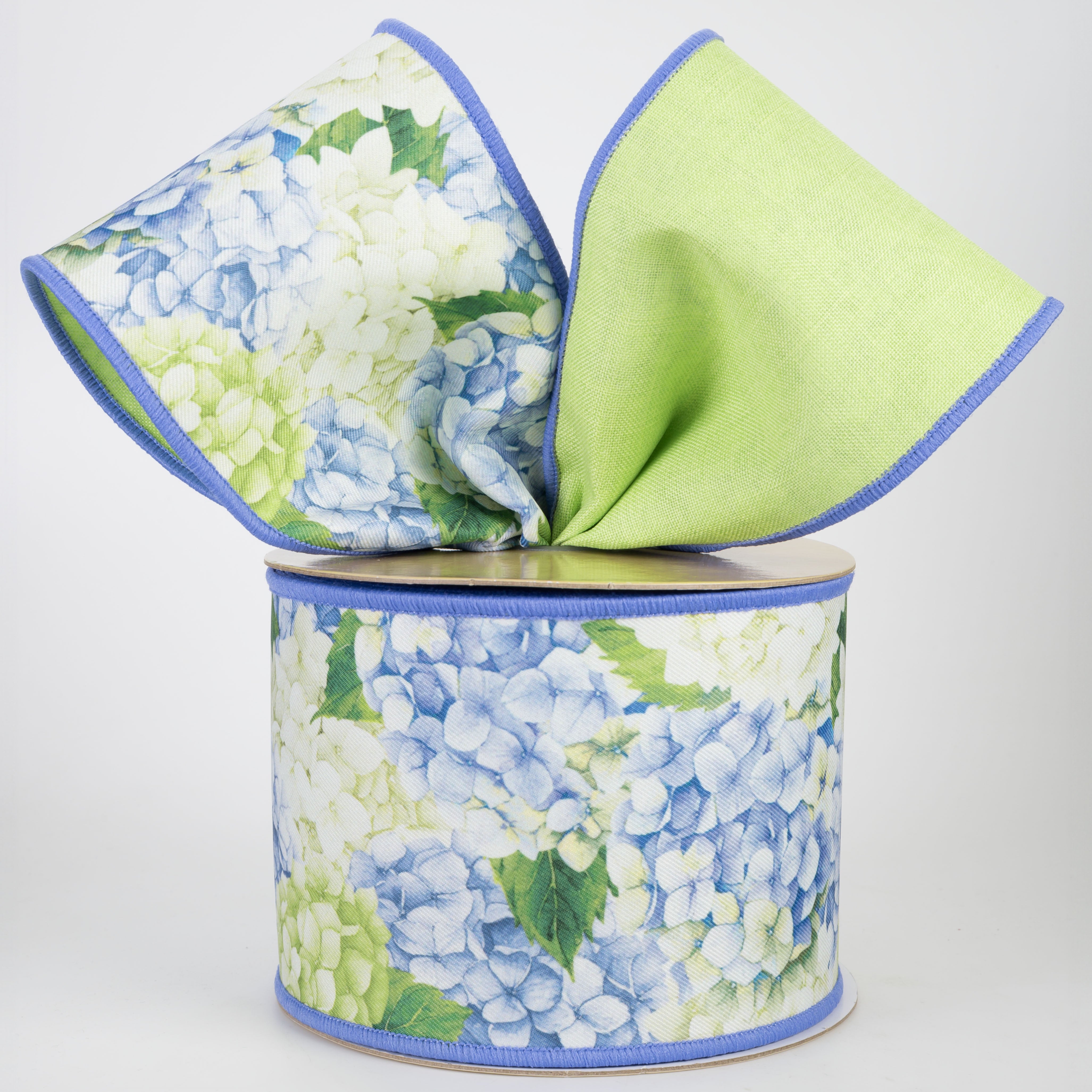 4" Double Sided Fused Hydrangeas Ribbon: Blue & Green (10 Yards)