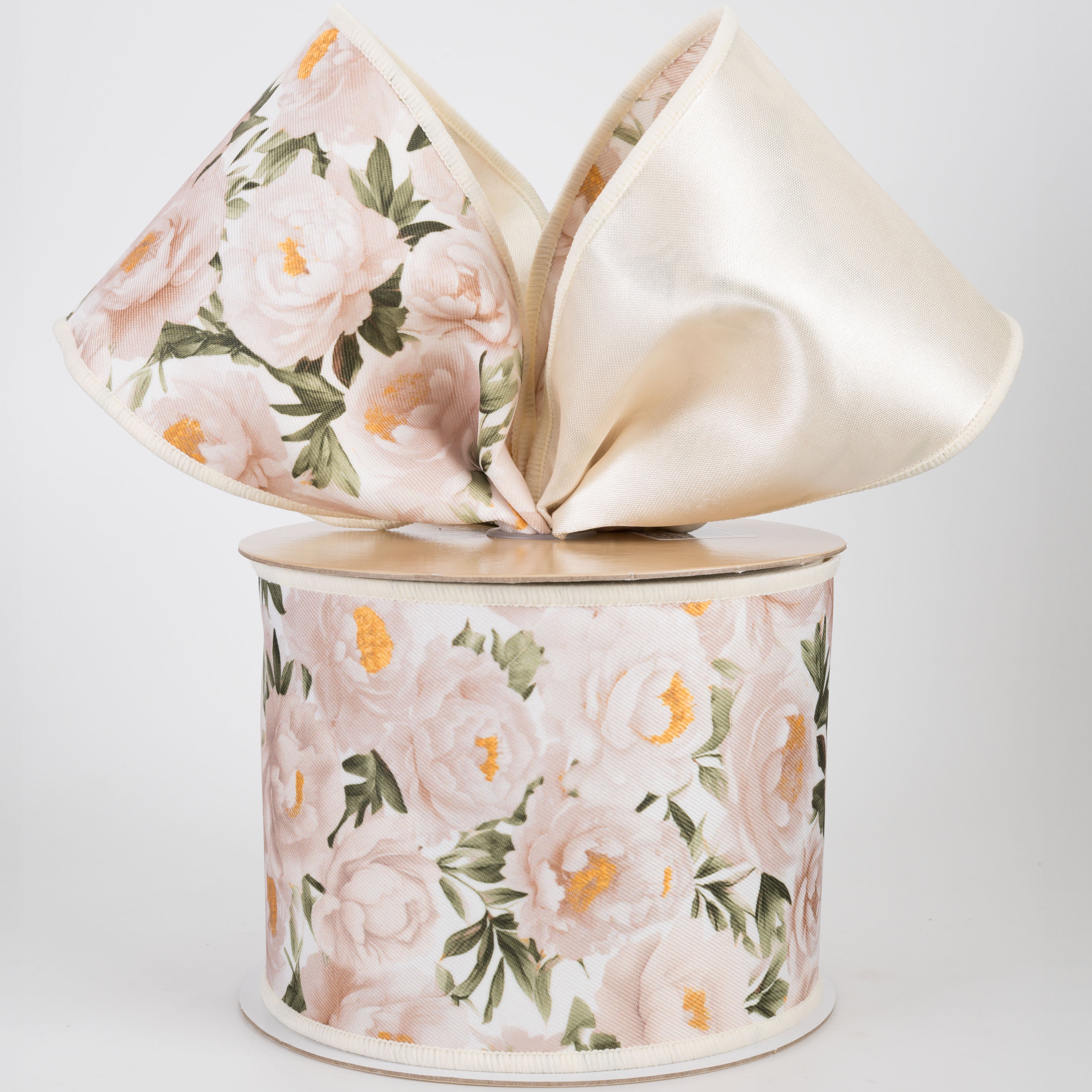 4" Double Sided Fused Peonies Ribbon: White & Cream (10 Yards)