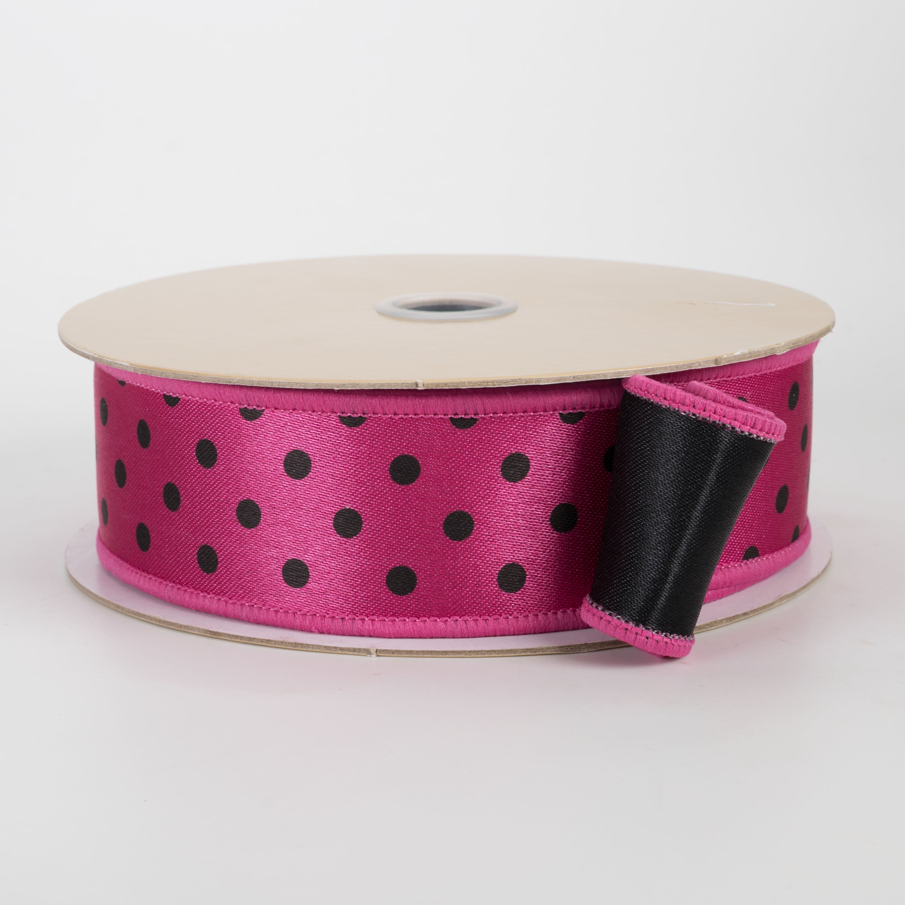 1.5" Double Sided Fused Small Polka Dot Ribbon: Hot Pink & Black (10 Yards)
