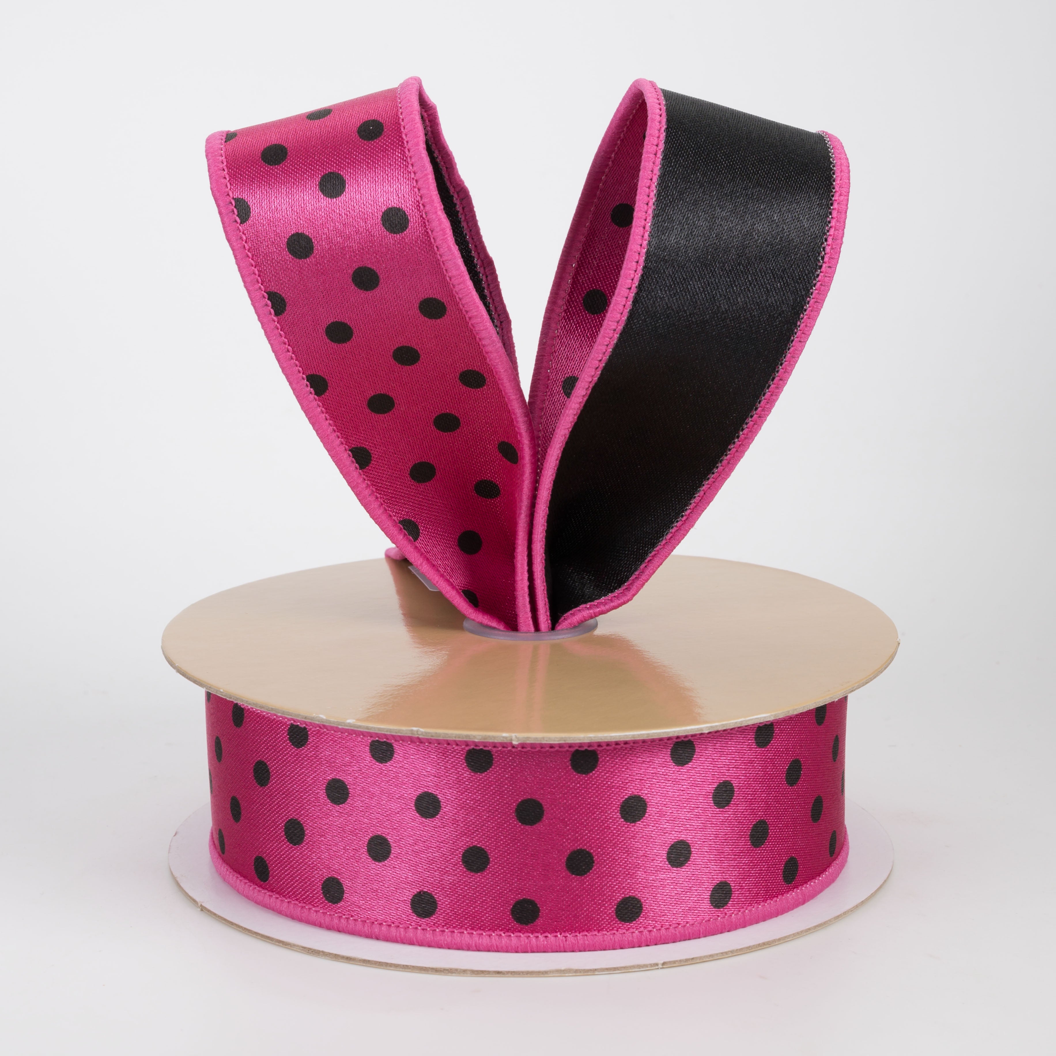 1.5" Double Sided Fused Small Polka Dot Ribbon: Hot Pink & Black (10 Yards)