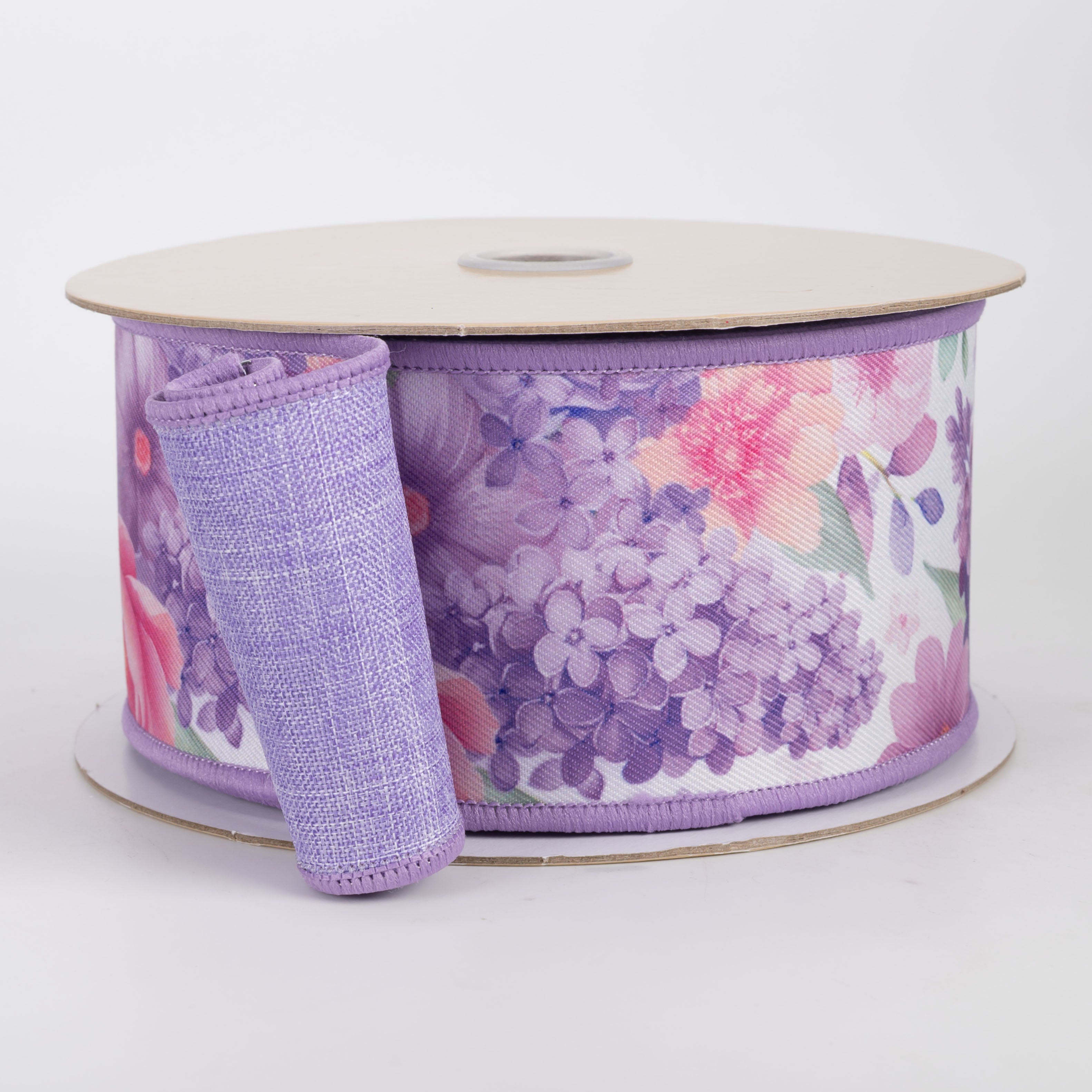 2.5" Double Sided Fused Watercolor Florals Ribbon: Lavender (10 Yards)