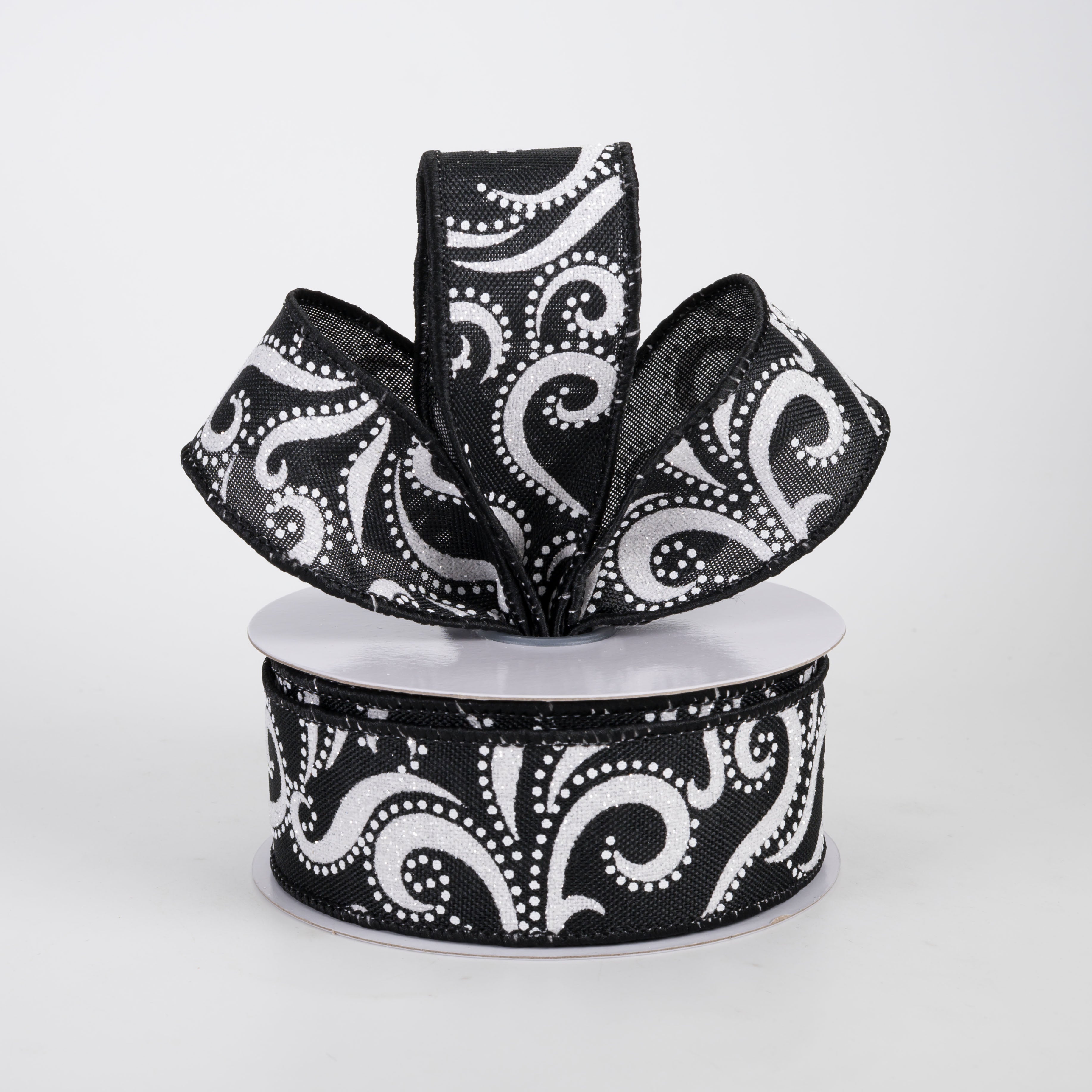 1.5" Glittered Swirls & Dots Ribbon: Black on White (10 Yards)