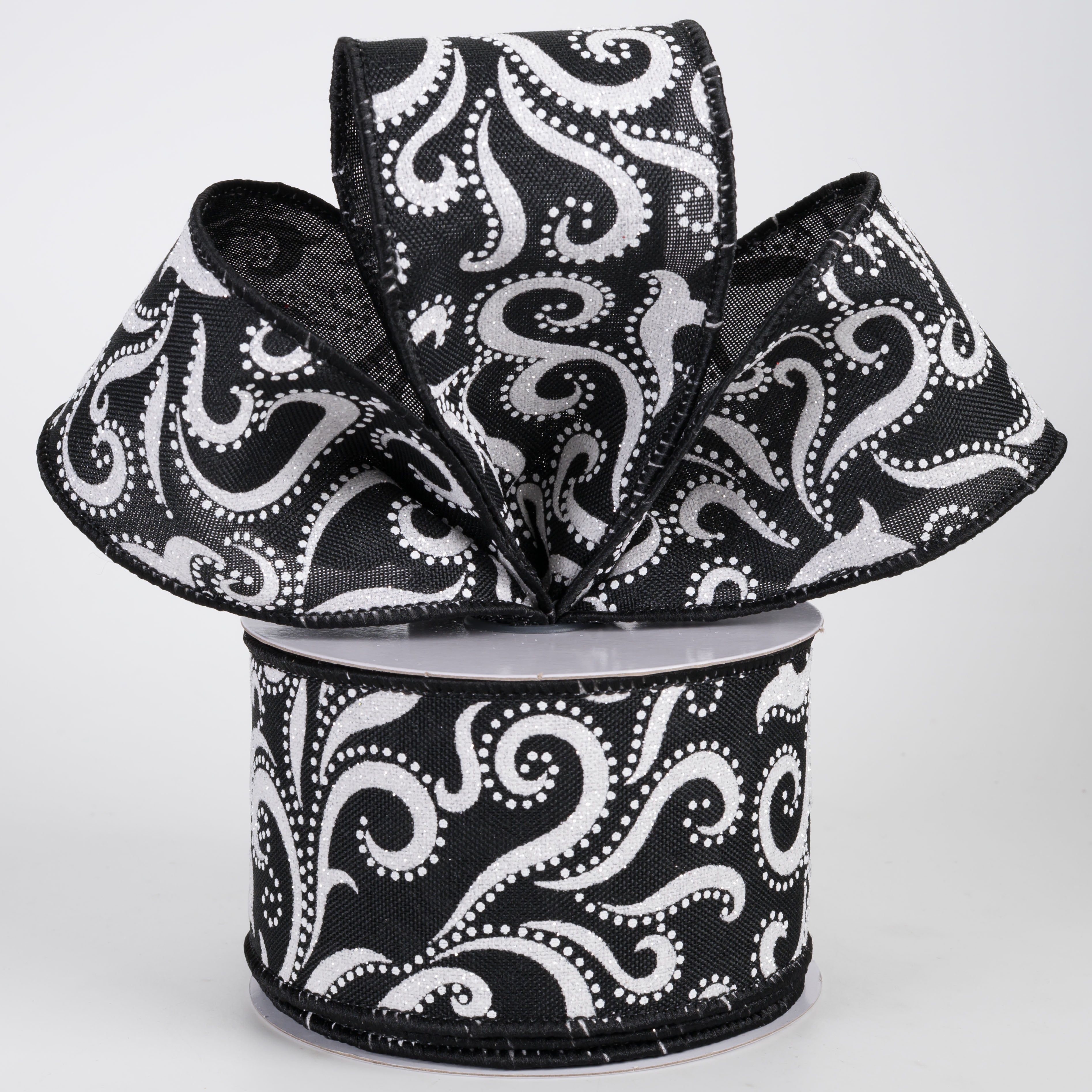 2.5" Glittered Swirls & Dots Ribbon: Black on White (10 Yards)