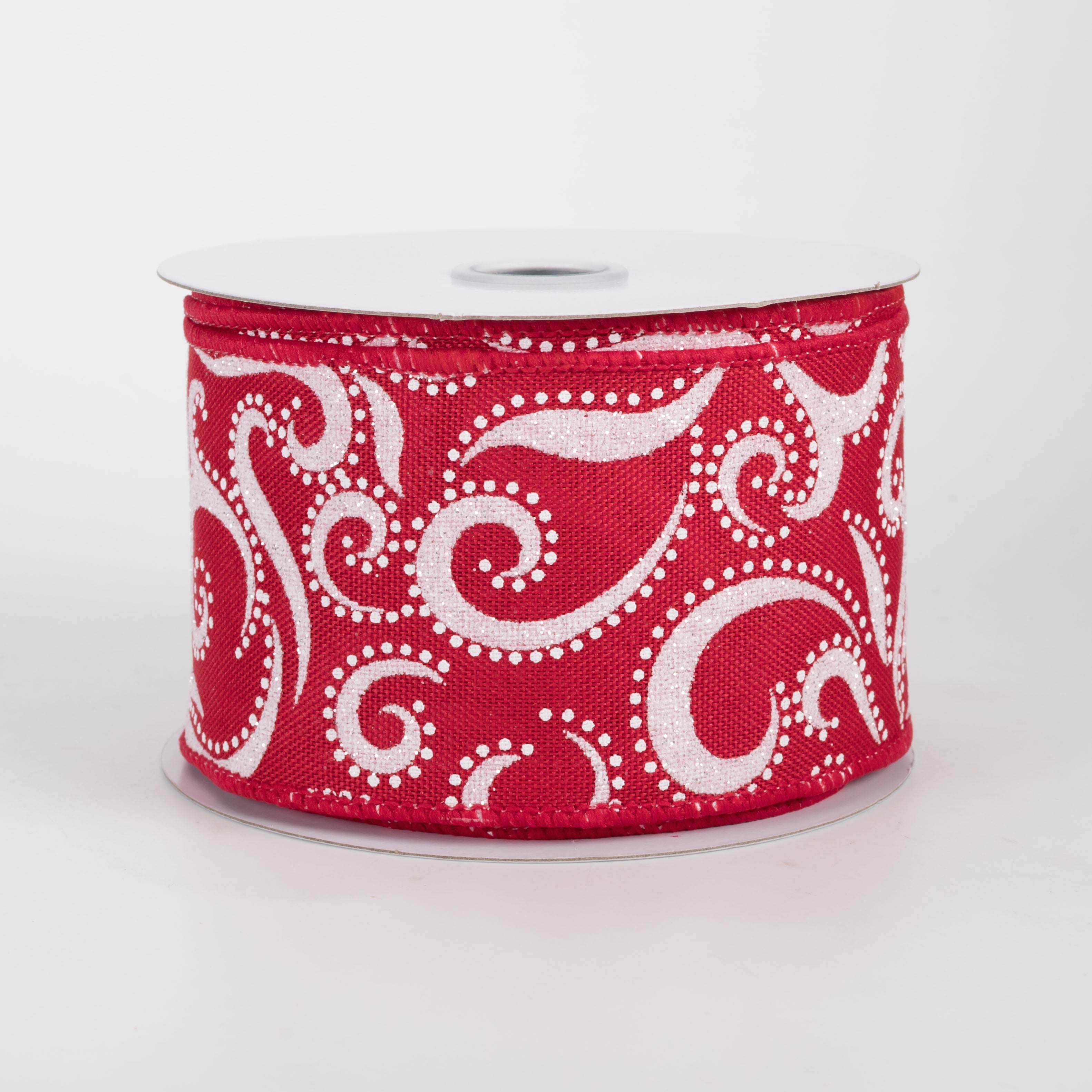 2.5" Glittered Swirls & Dots Ribbon: White on Red (10 Yards)