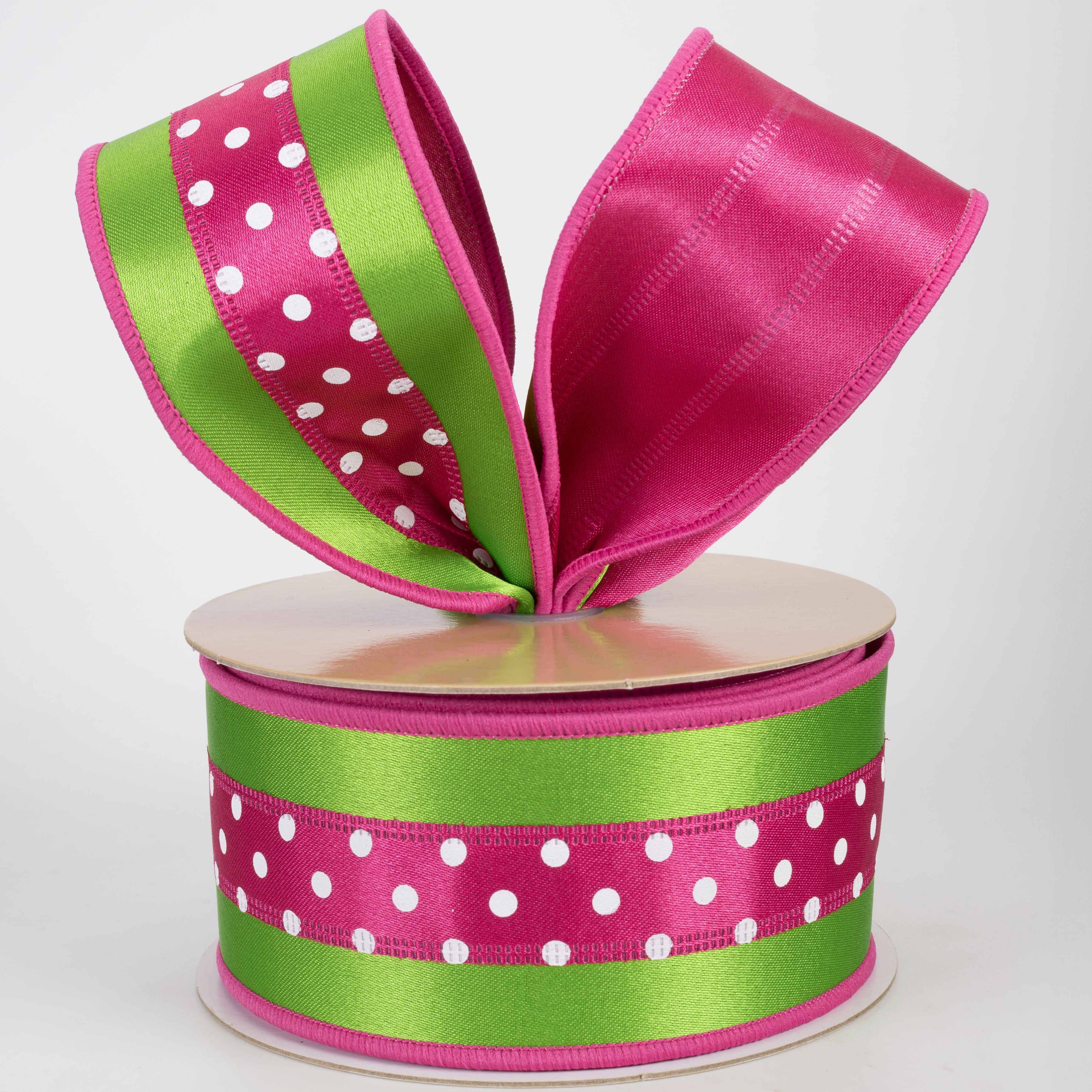 2.5" Double Sided Fused 3-in-1 Polka Dot Ribbon: Fresh Green & Hot Pink (10 Yards)