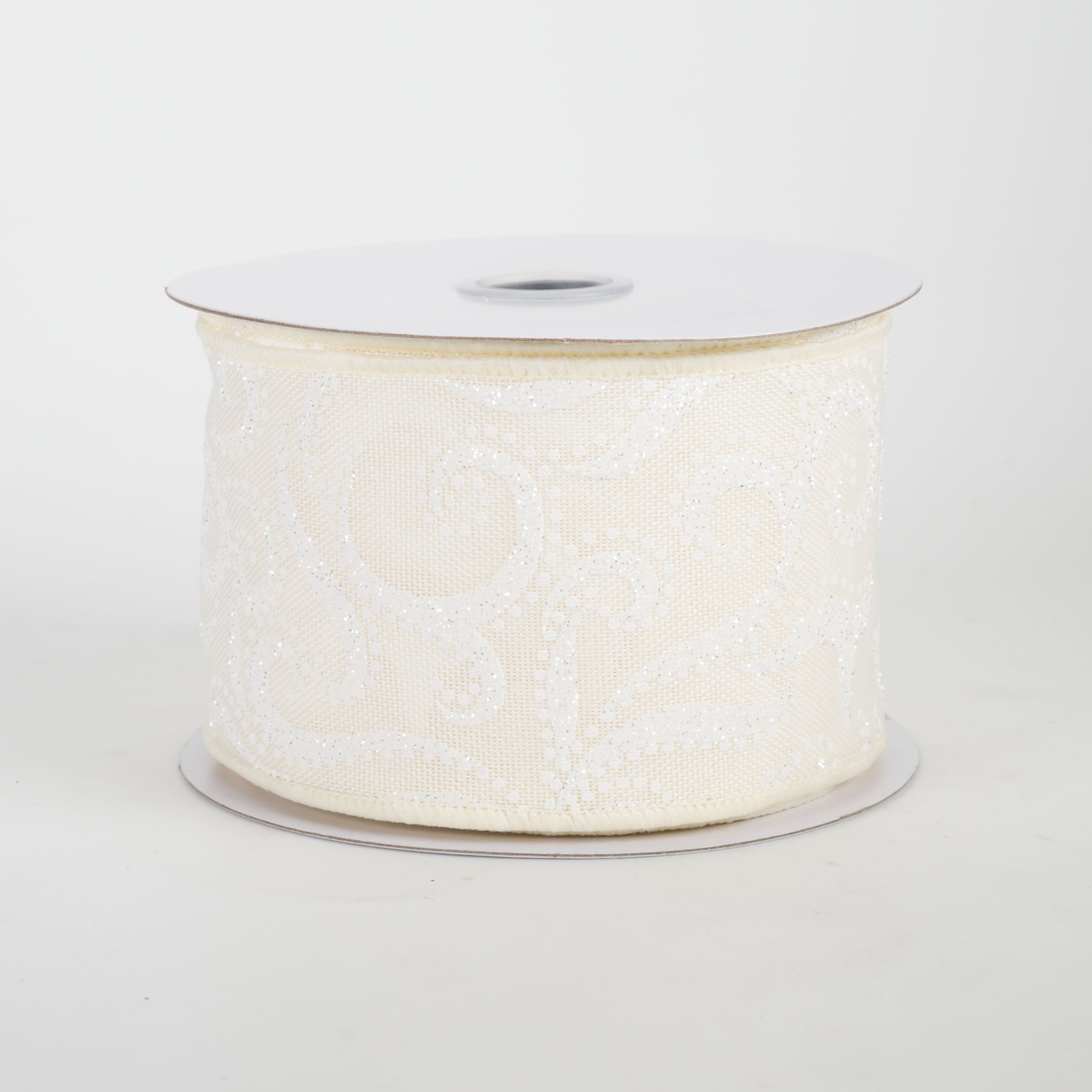 2.5" Glittered Swirls & Dots Ribbon: White on Ivory (10 Yards)