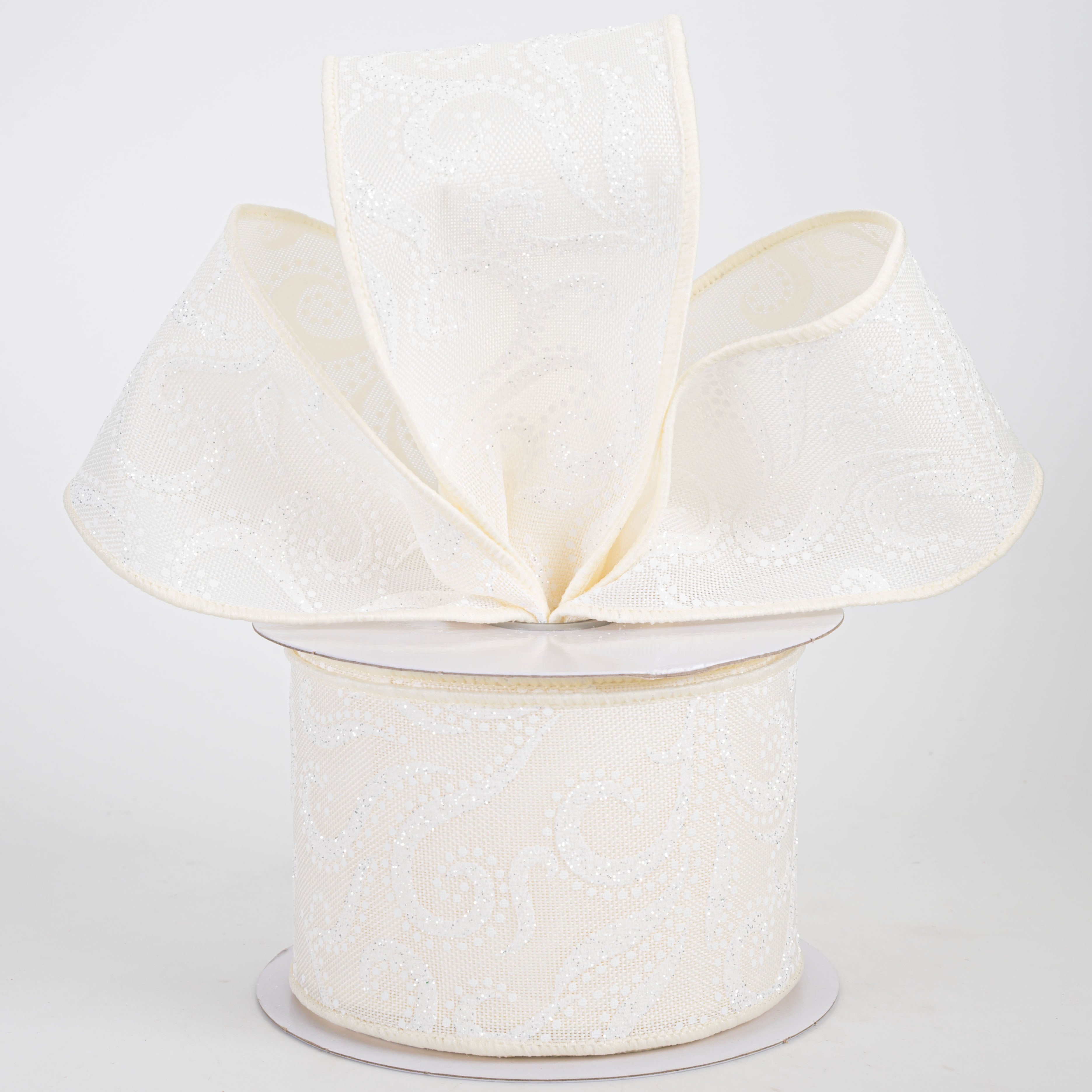 2.5" Glittered Swirls & Dots Ribbon: White on Ivory (10 Yards)
