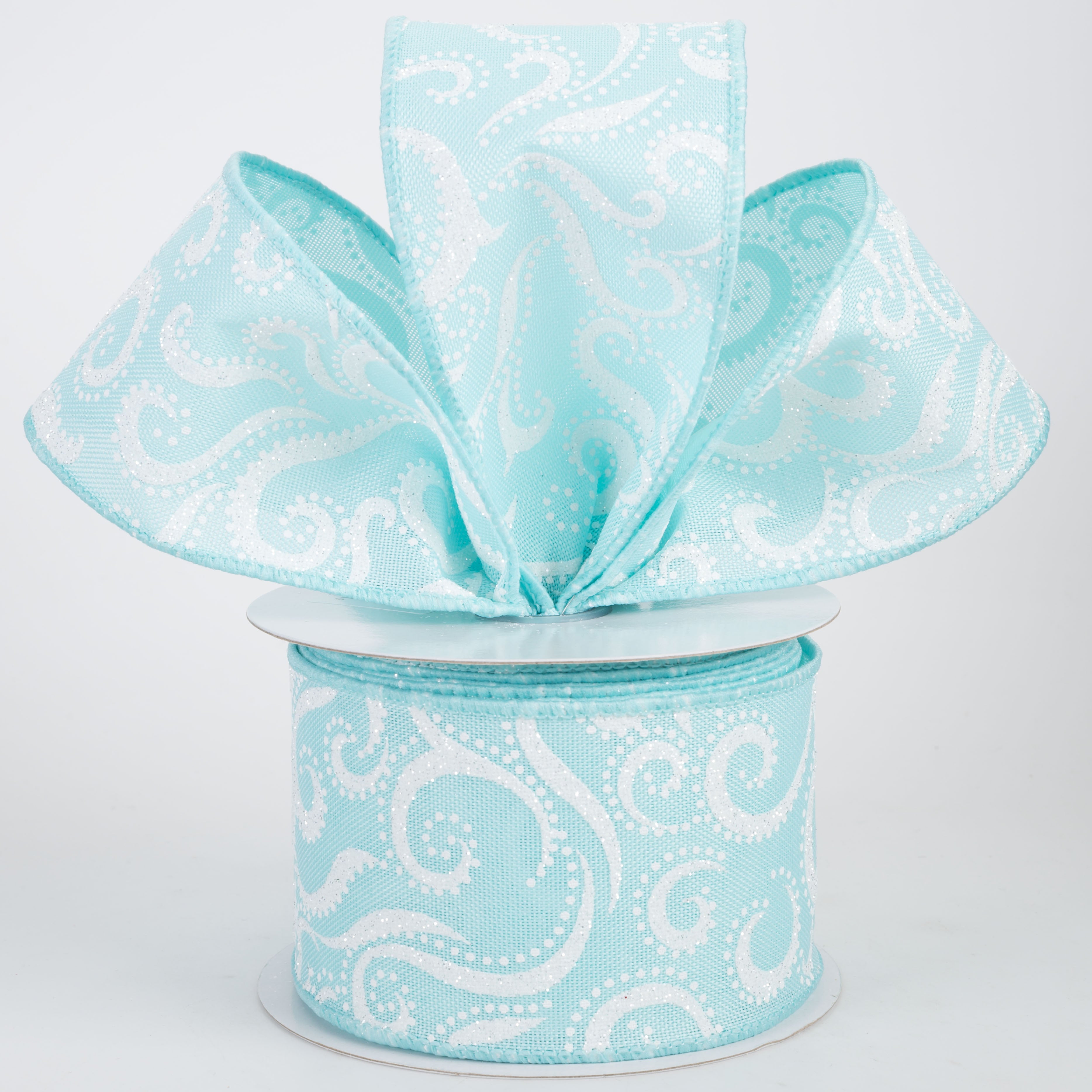 2.5" Glittered Swirls & Dots Ribbon: White on Ice Blue (10 Yards)