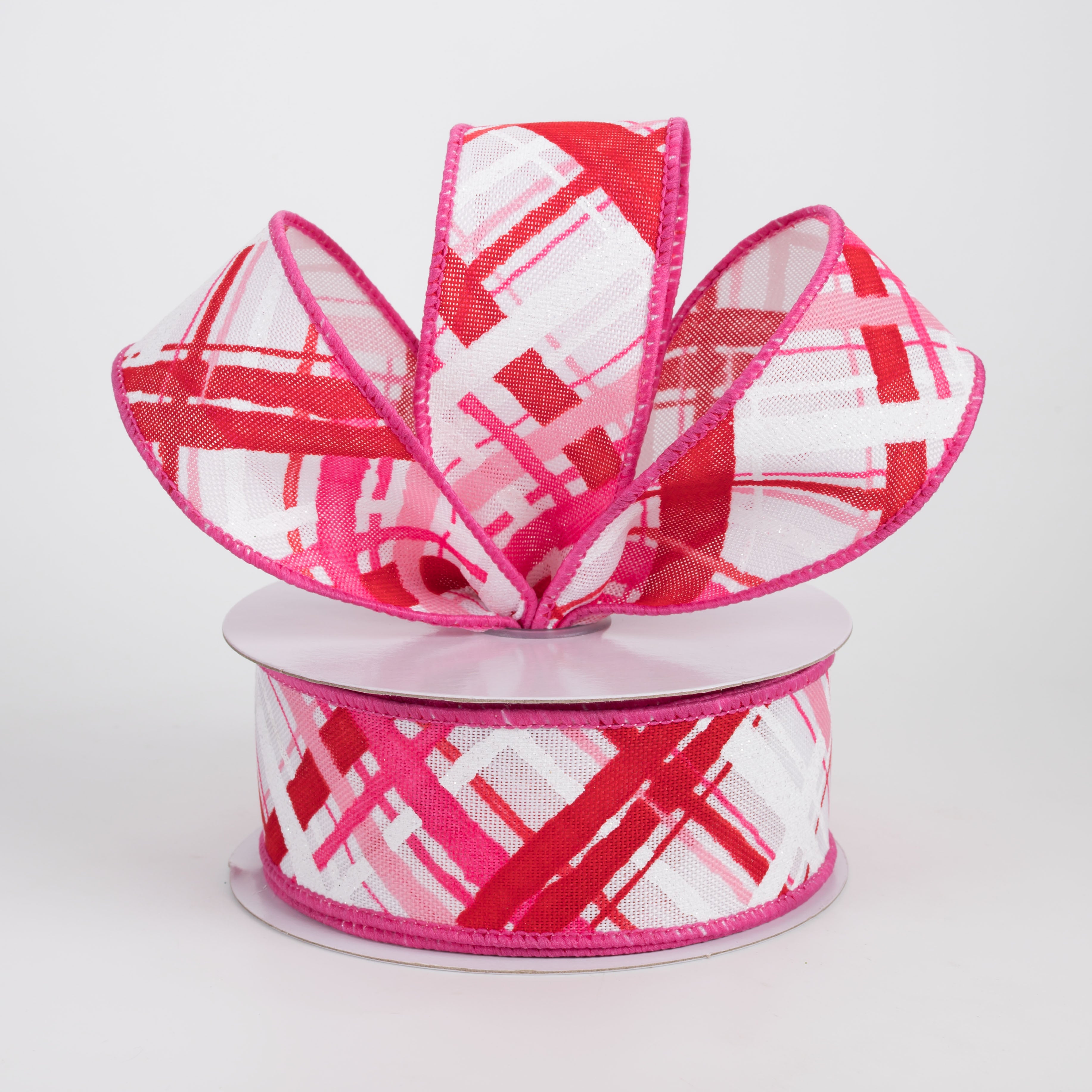 1.5" Diagonal Painted Plaid Ribbon: White, Pinks, Red (10 Yards)