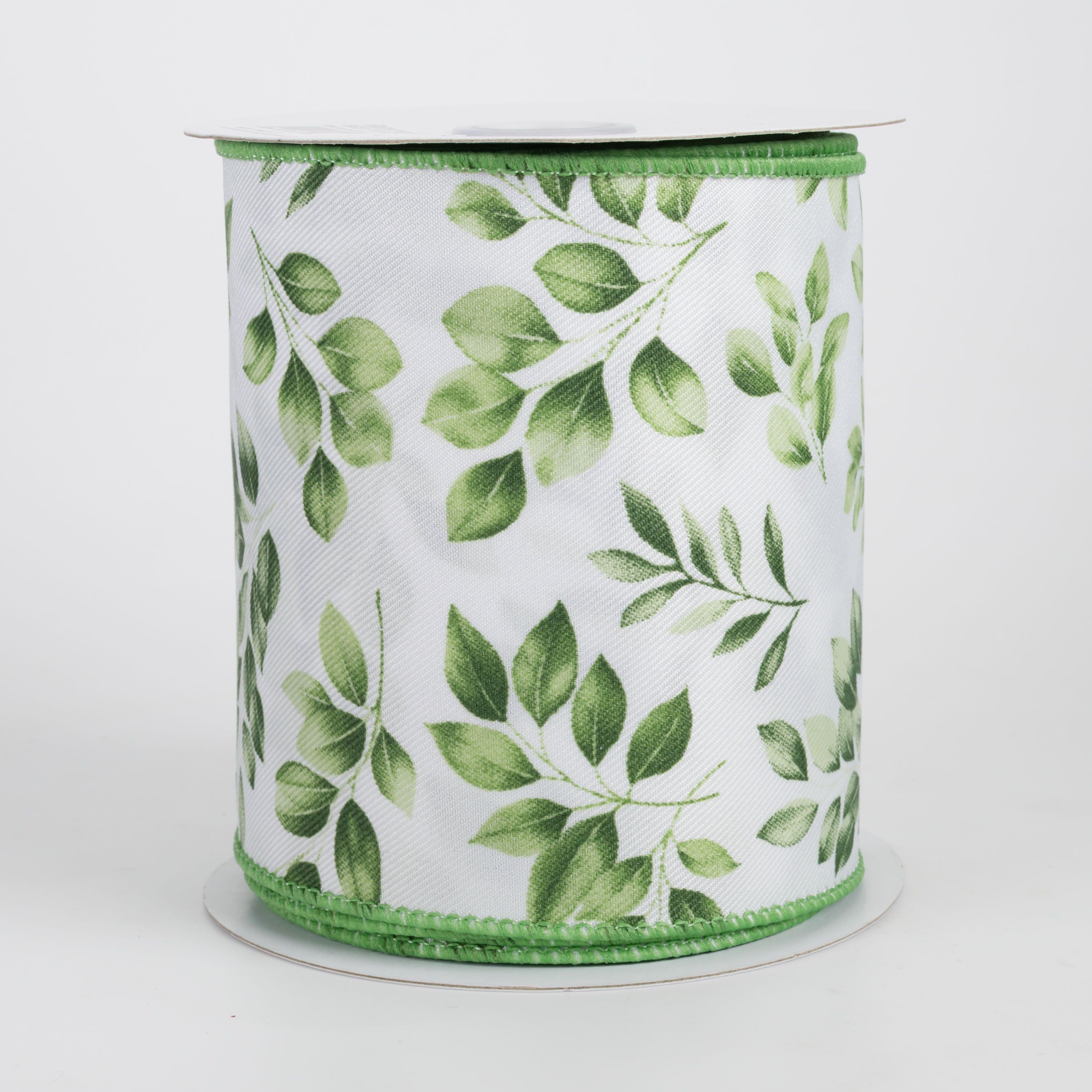 4" Greenery Leaves Ribbon: Greens on White (10 Yards)