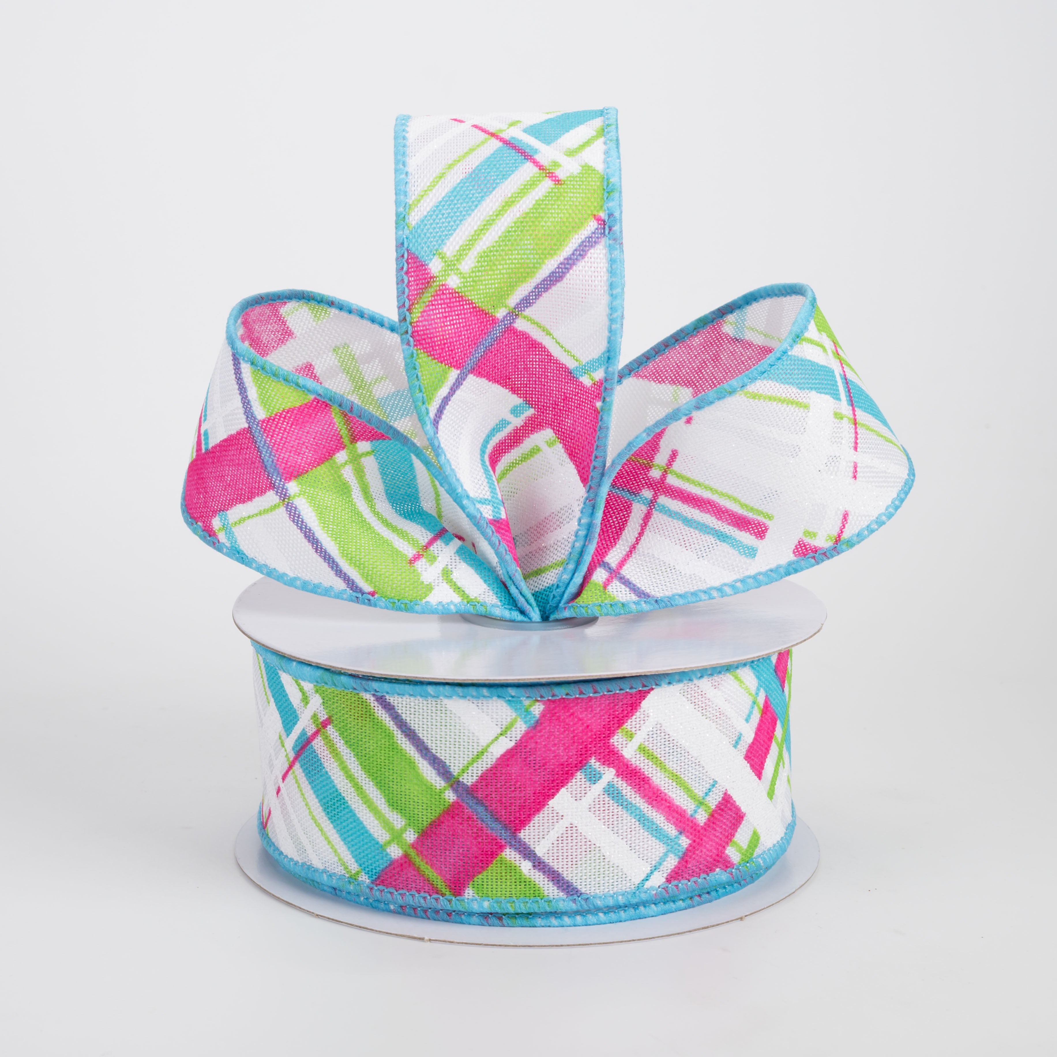 1.5" Diagonal Painted Plaid Ribbon: White, Turquoise, Green, Hot Pink (10 Yards)