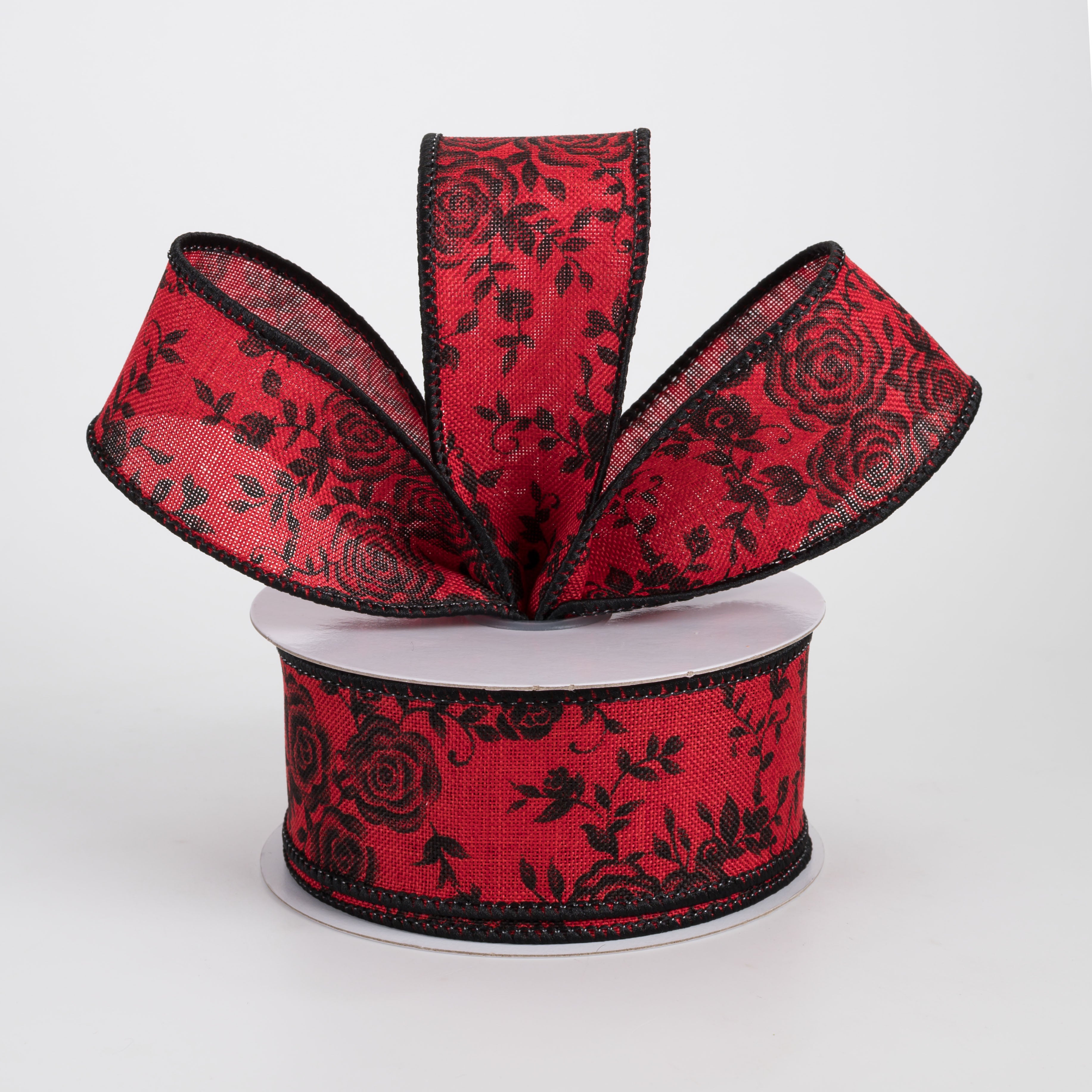 1.5" Mini Roses Floral Ribbon: Black on Red (10 Yards)