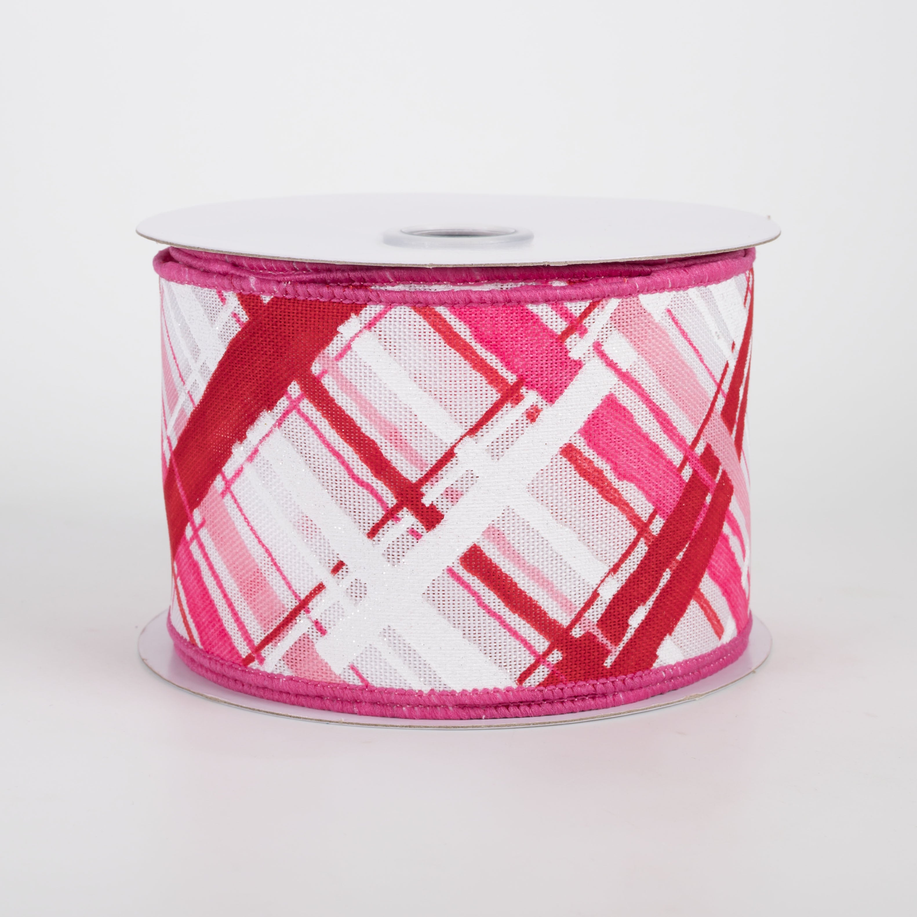 2.5" Diagonal Painted Plaid Ribbon: White, Pinks, Red (10 Yards)