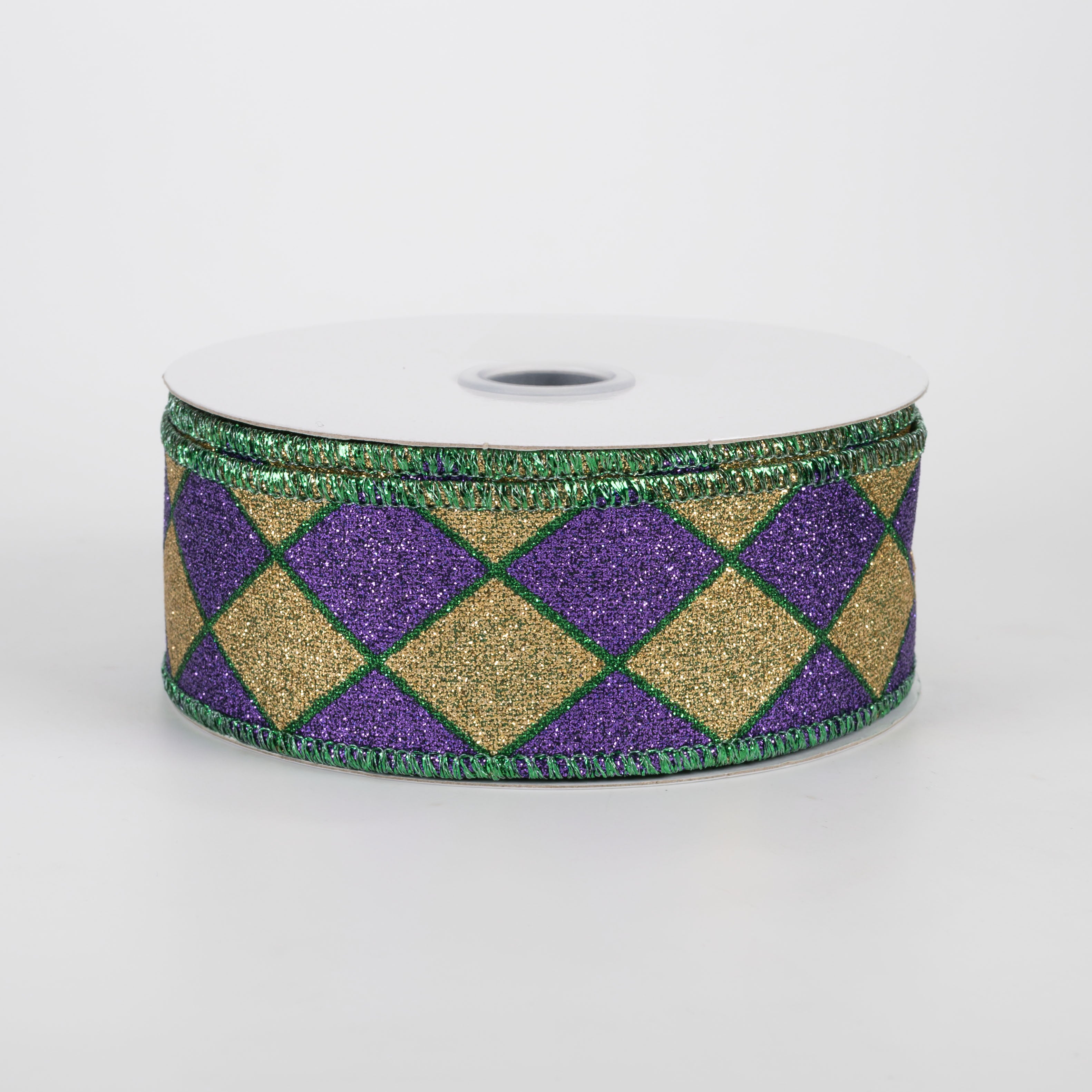 1.5" Harlequin Glitter Diamond Ribbon: Mardi Gras (10 Yards)