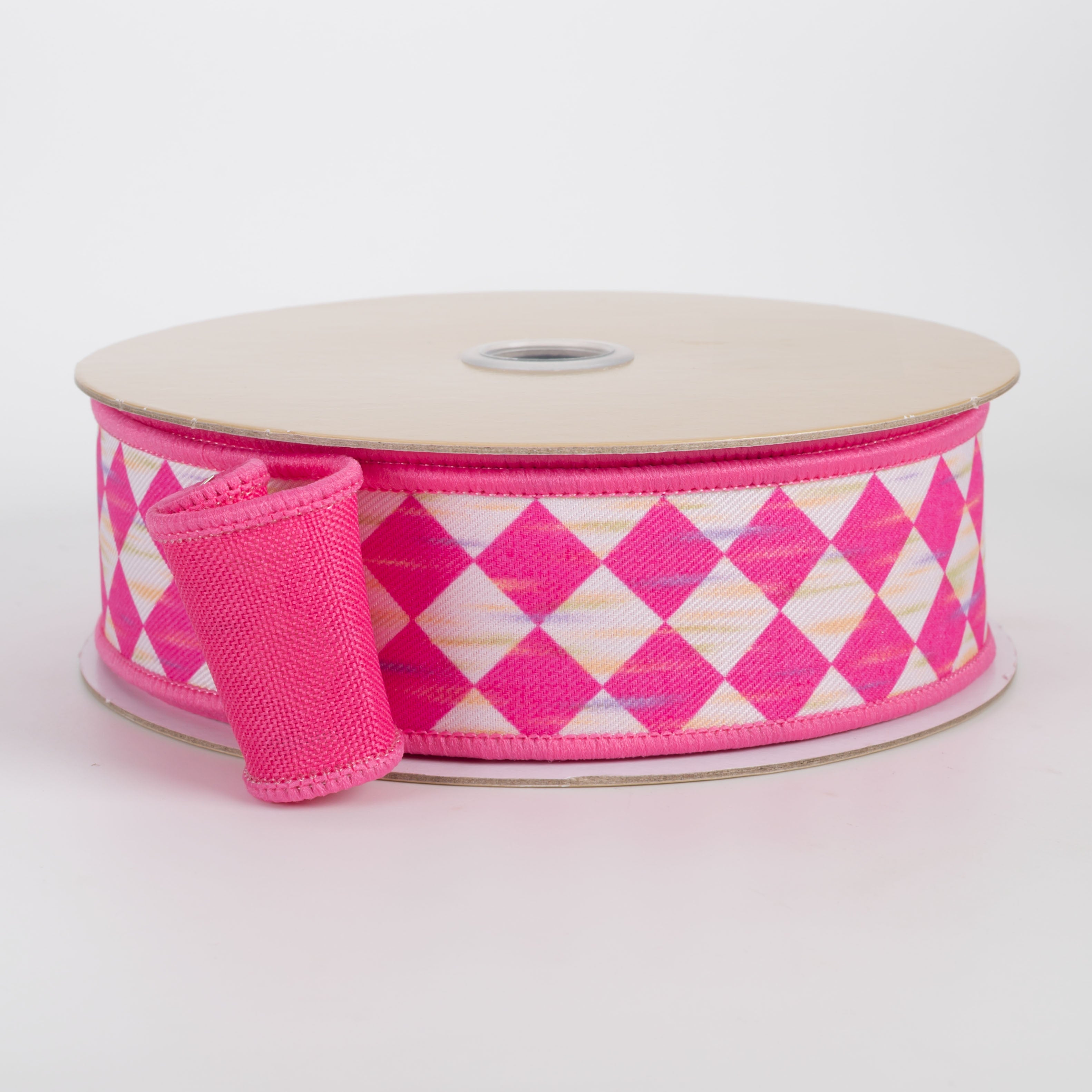 1.5" Double Sided Fused Antique Diamond Harlequin Ribbon: Hot Pink & White (10 Yards)