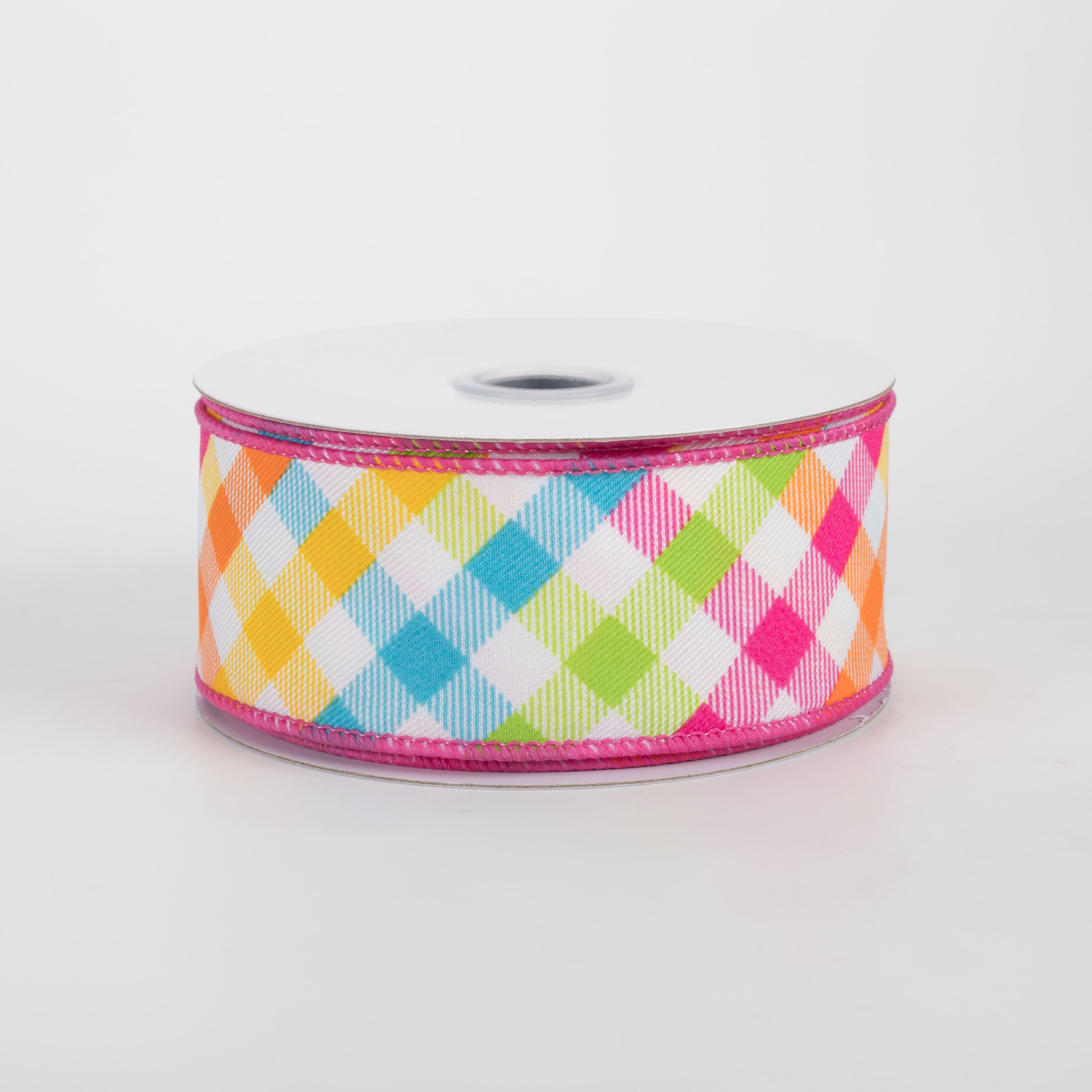 1.5" Multicolor Plaid on Diagonal Weave Ribbon: Neon Brights (10 Yards)