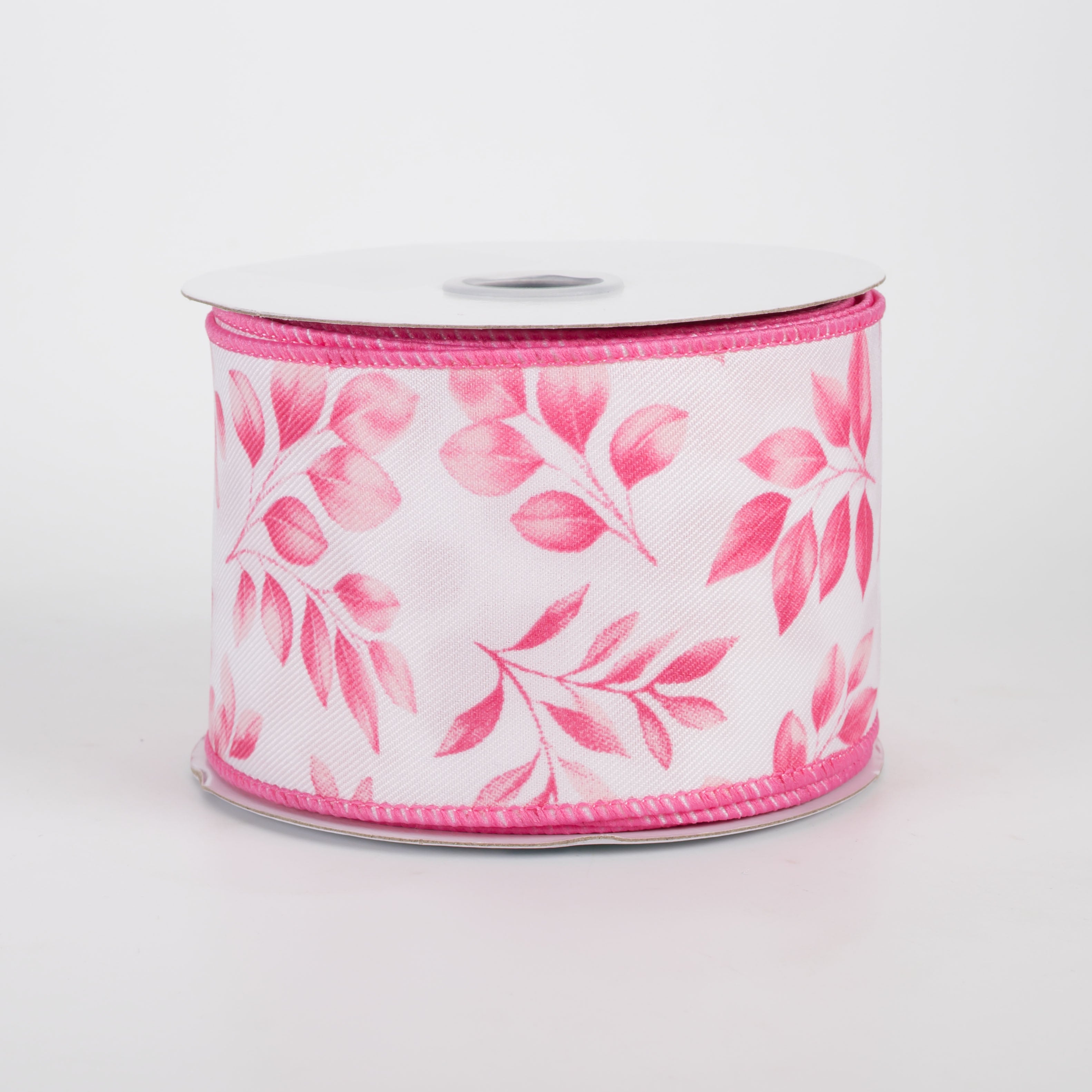 2.5" Greenery Leaves Ribbon: Pinks on White (10 Yards)