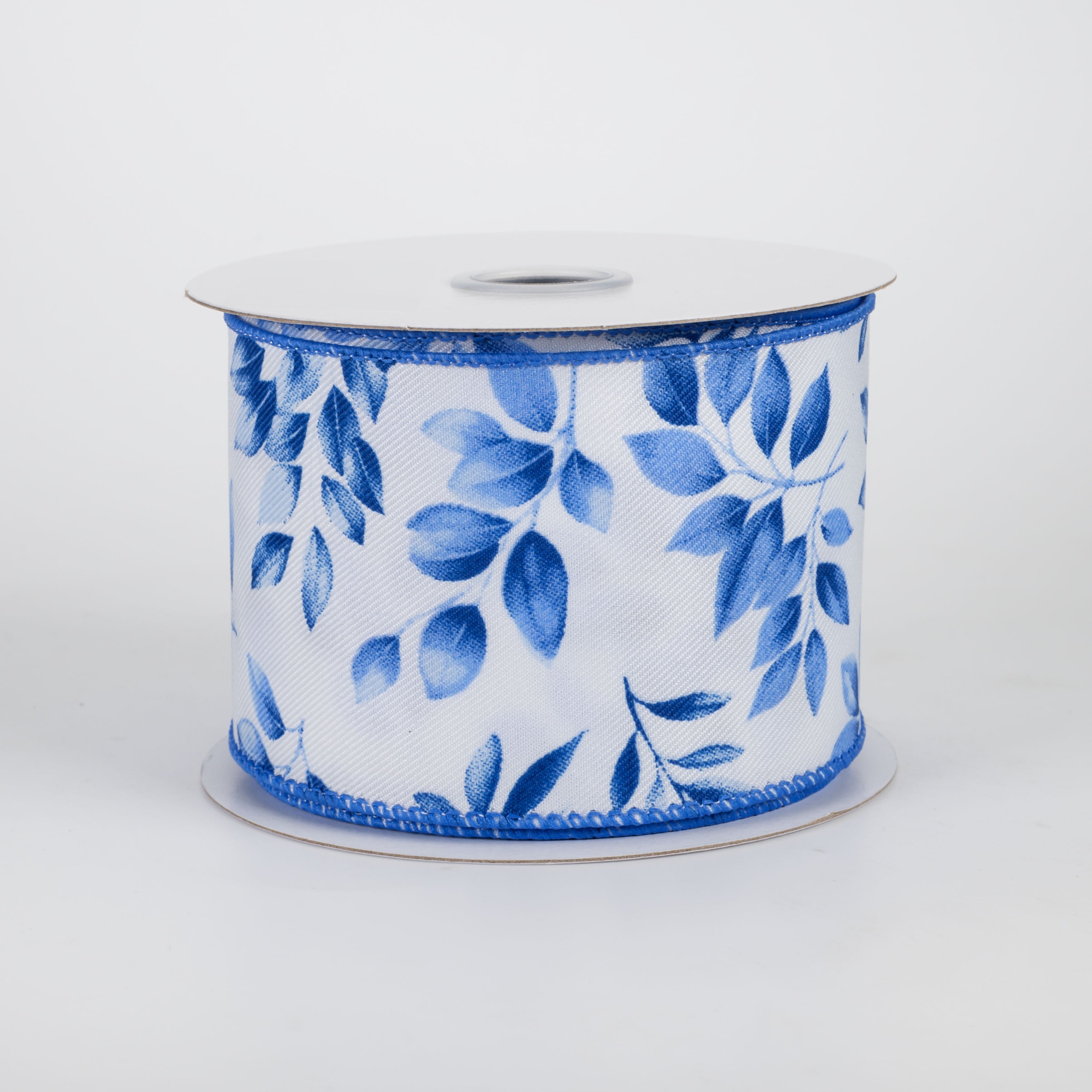 2.5" Greenery Leaves Ribbon: Blues on White (10 Yards)