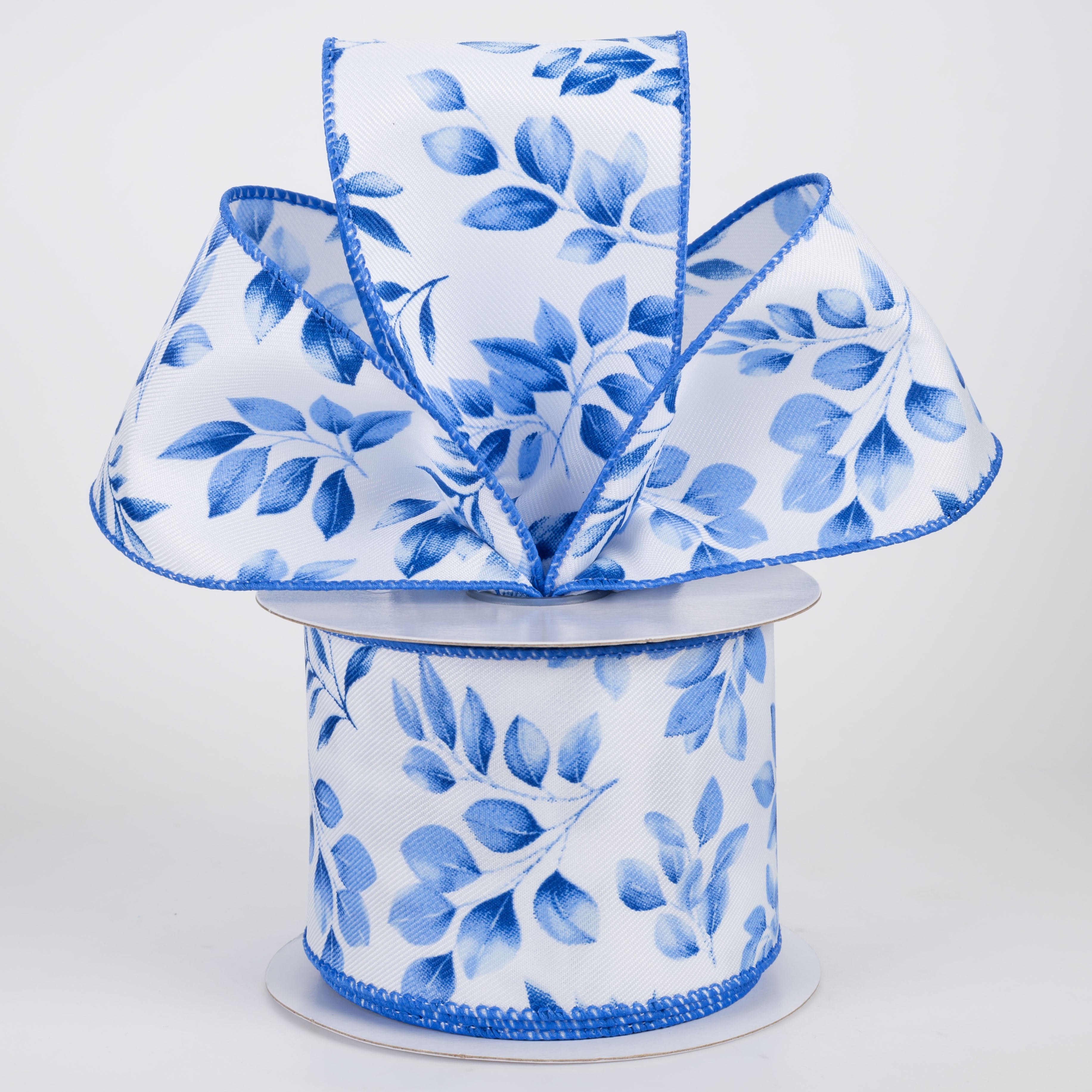 2.5" Greenery Leaves Ribbon: Blues on White (10 Yards)