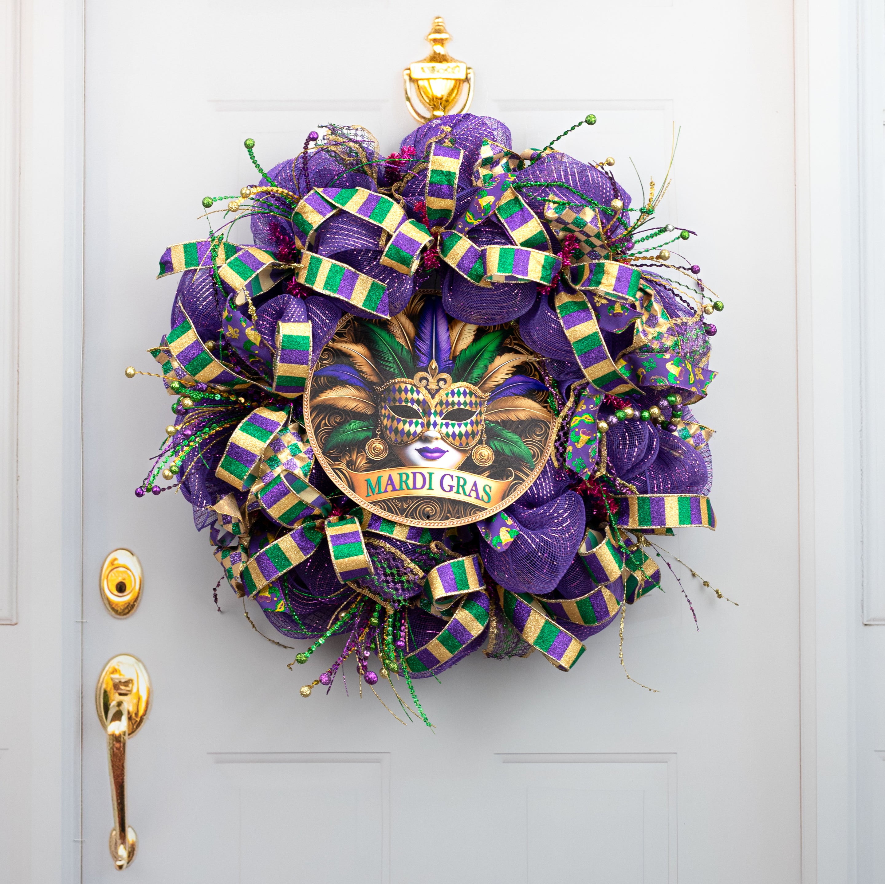 12" Metal Sign: Gilded Mardi Gras Feather Mask