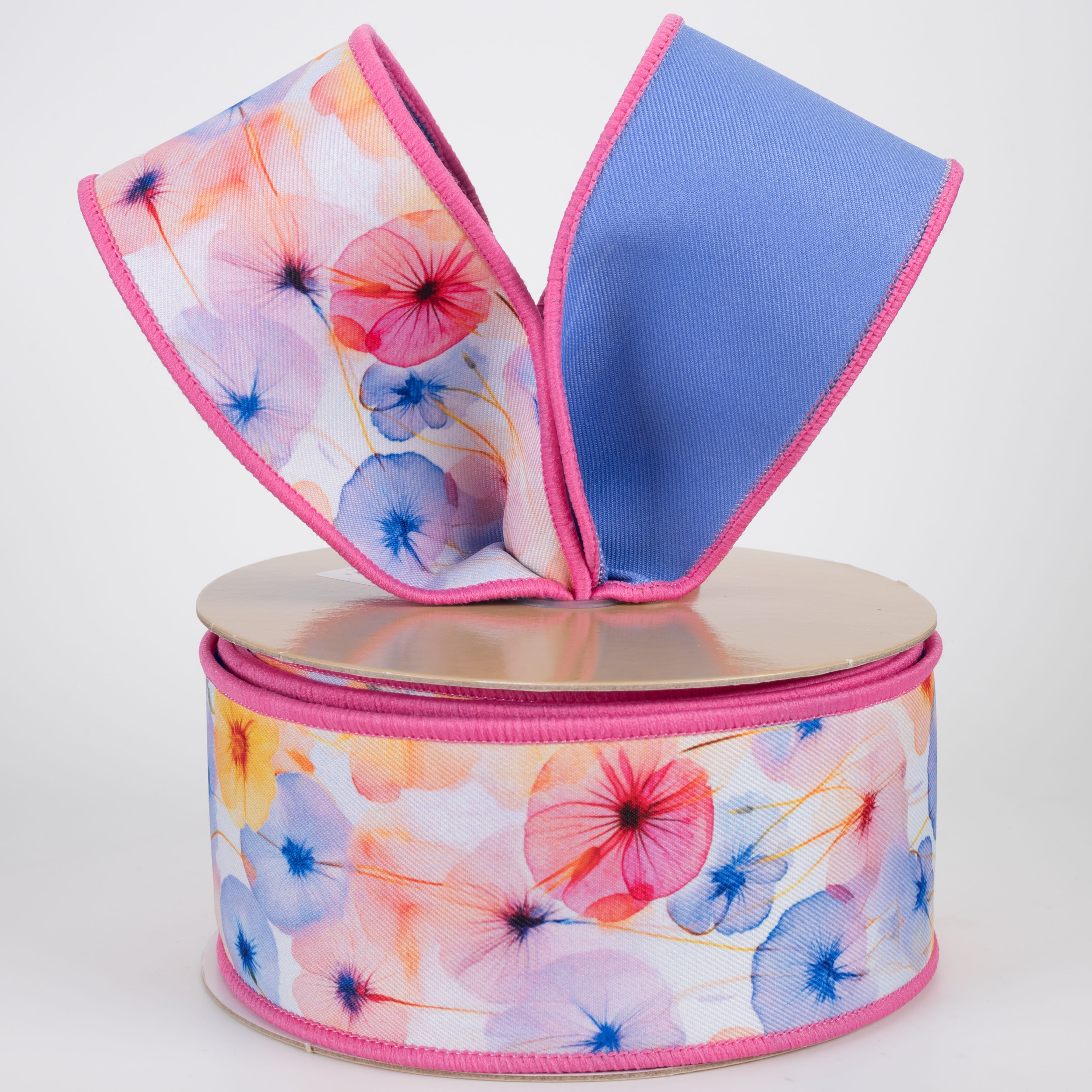 2.5" Double Sided Fused X-Ray Poppy Flowers Ribbon: Pink & Blue (10 Yards)