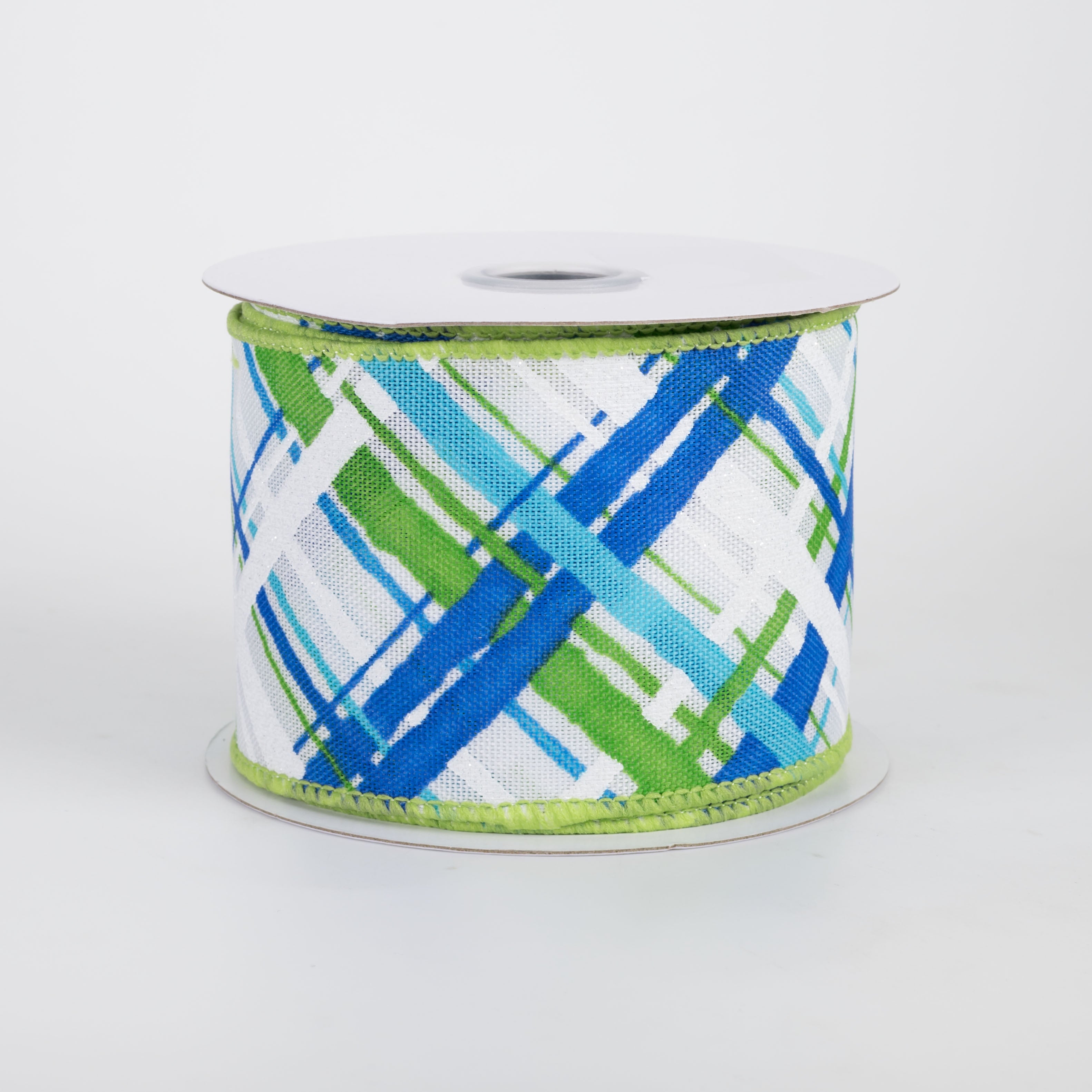 2.5" Diagonal Painted Plaid Ribbon: White, Blues, Green (10 Yards)
