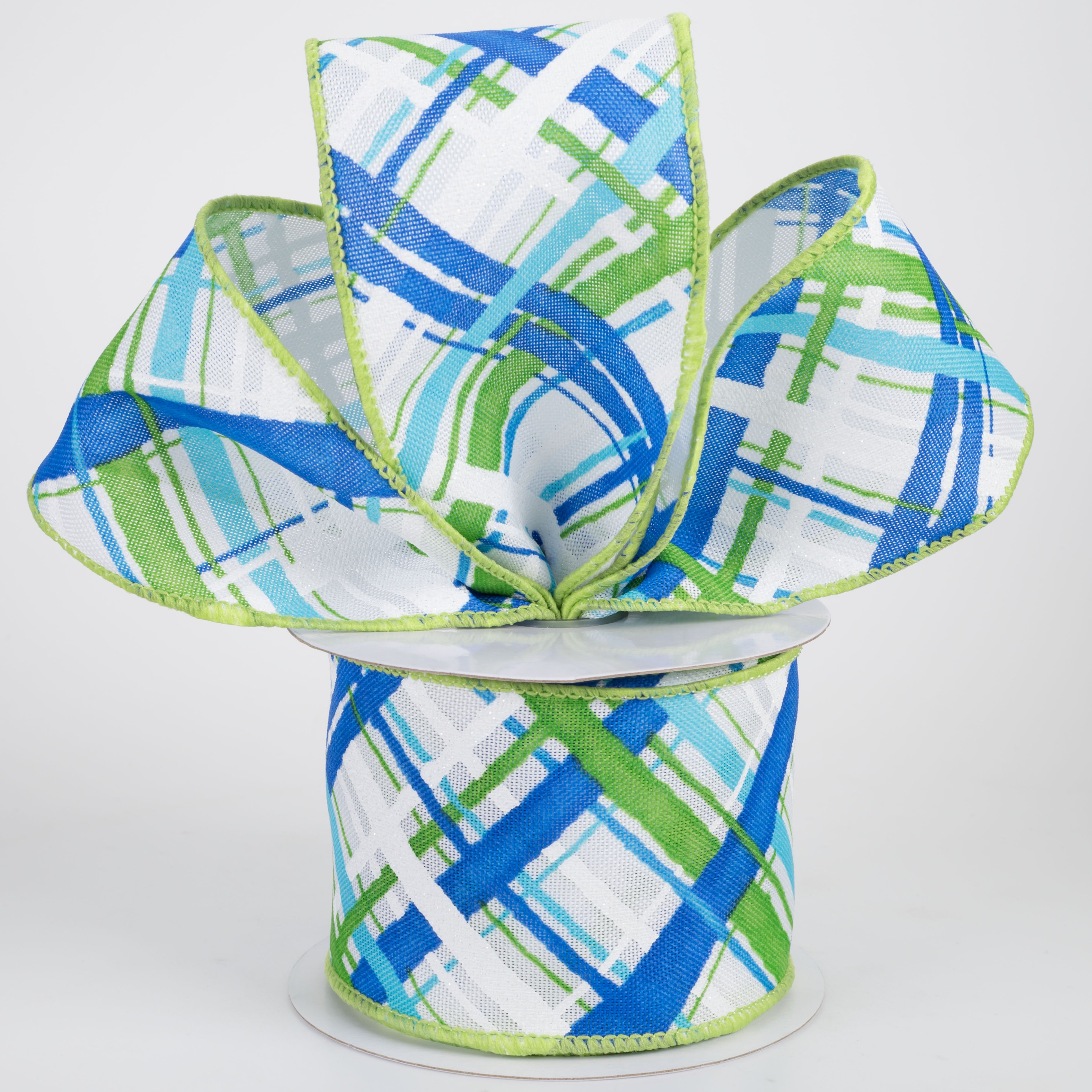 2.5" Diagonal Painted Plaid Ribbon: White, Blues, Green (10 Yards)