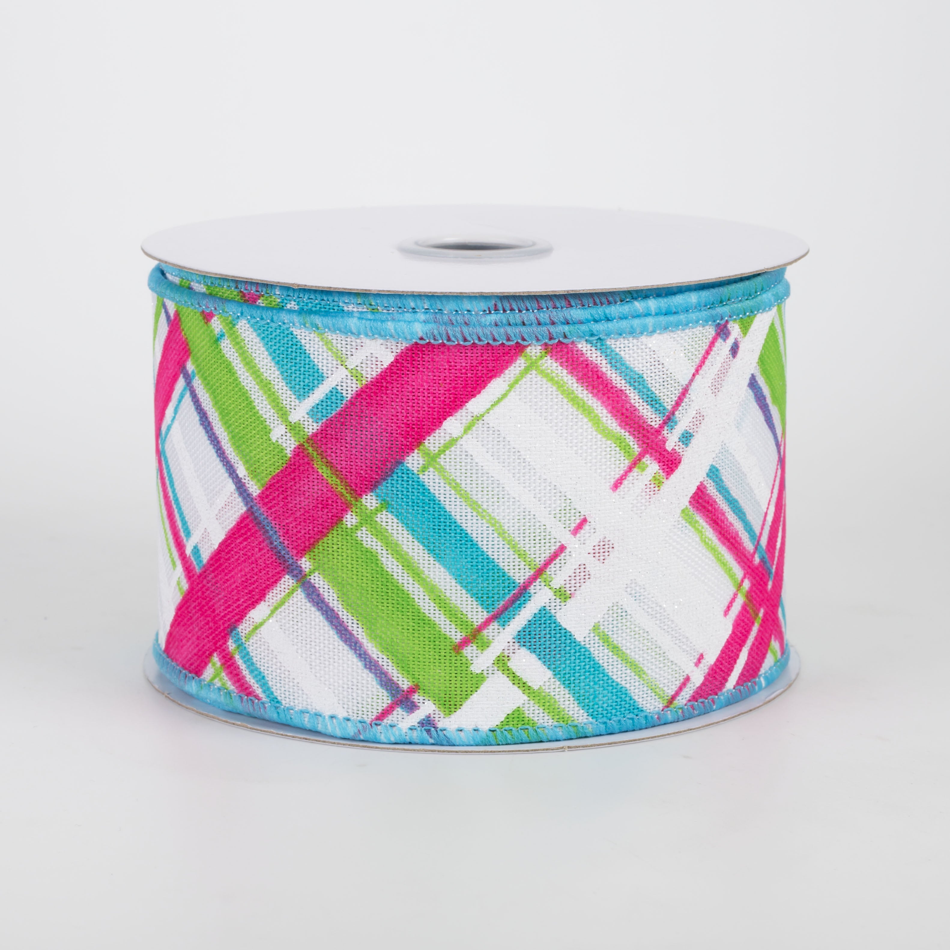 2.5" Diagonal Painted Plaid Ribbon: White, Turquoise, Green, Hot Pink (10 Yards)