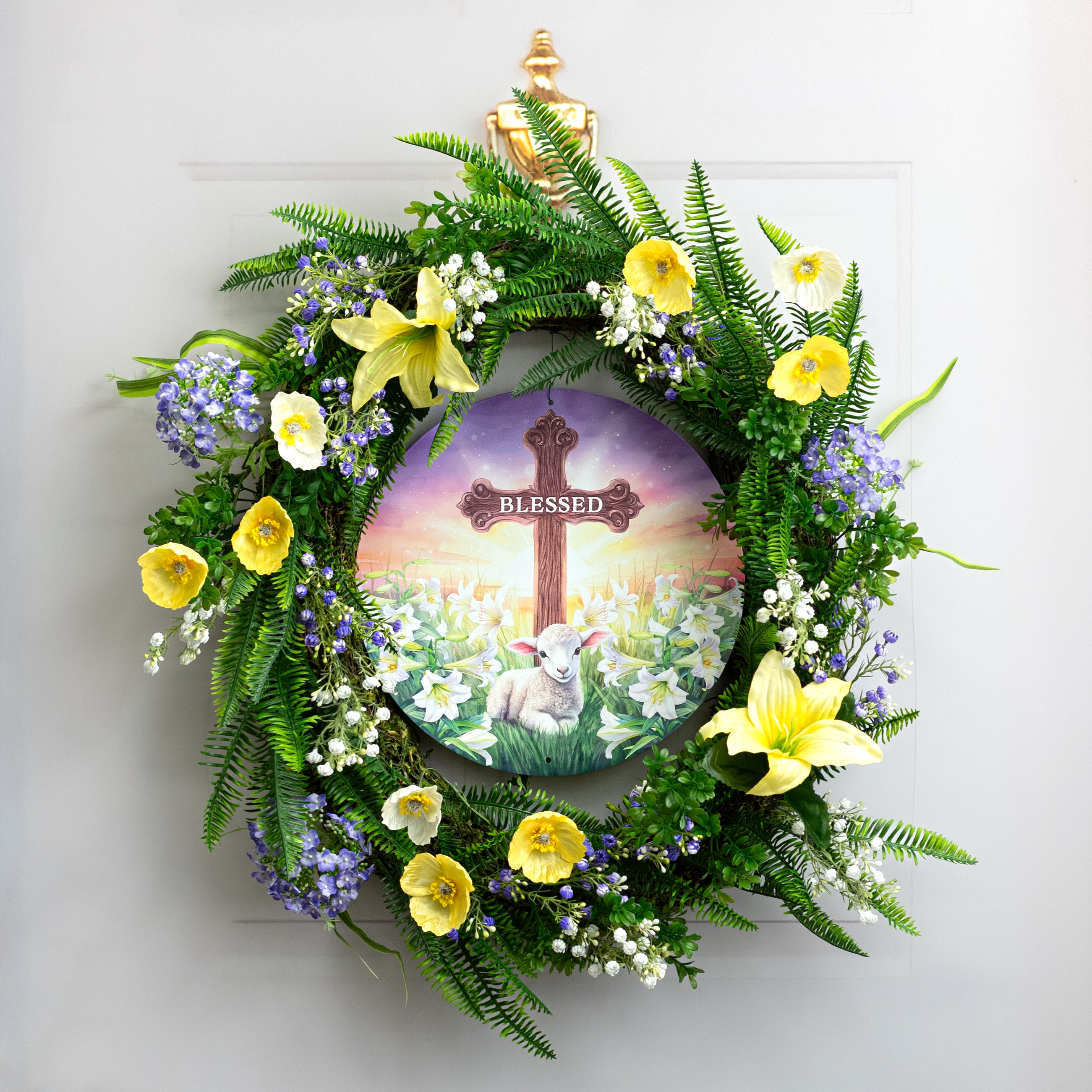 12" Round Metal Sign: Blessed Cross with Lamb