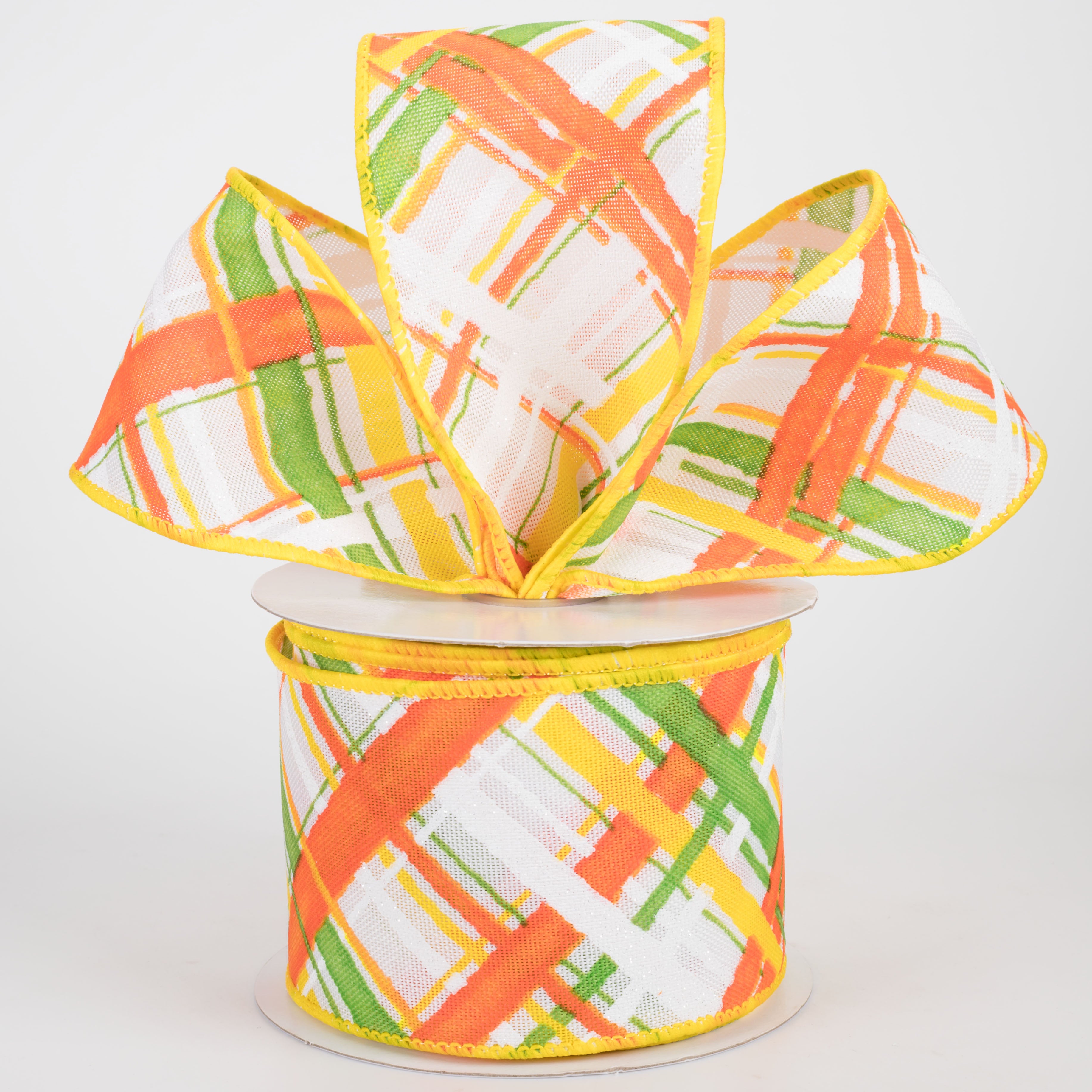 2.5" Diagonal Painted Plaid Ribbon: White, Orange, Green, Yellow (10 Yards)