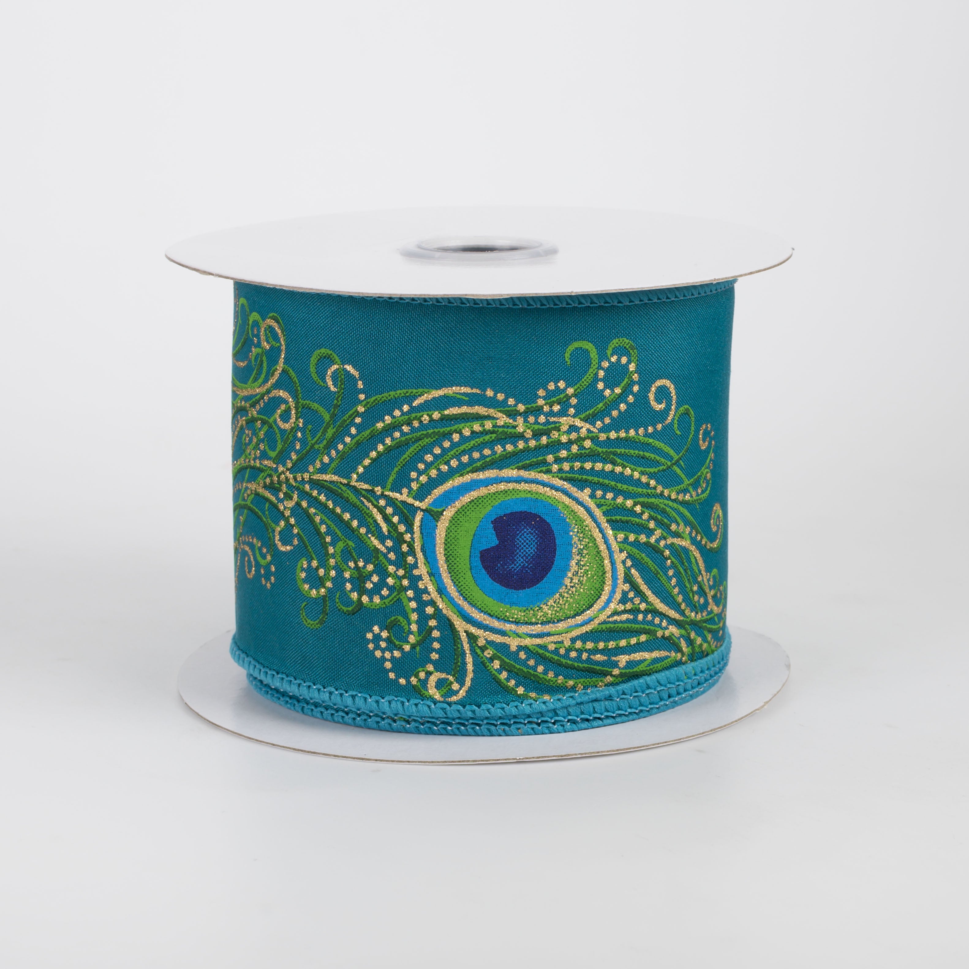 2.5" Peacock Feather Canvas Ribbon: Dark Teal, Green, Blue, Gold (10 Yards)