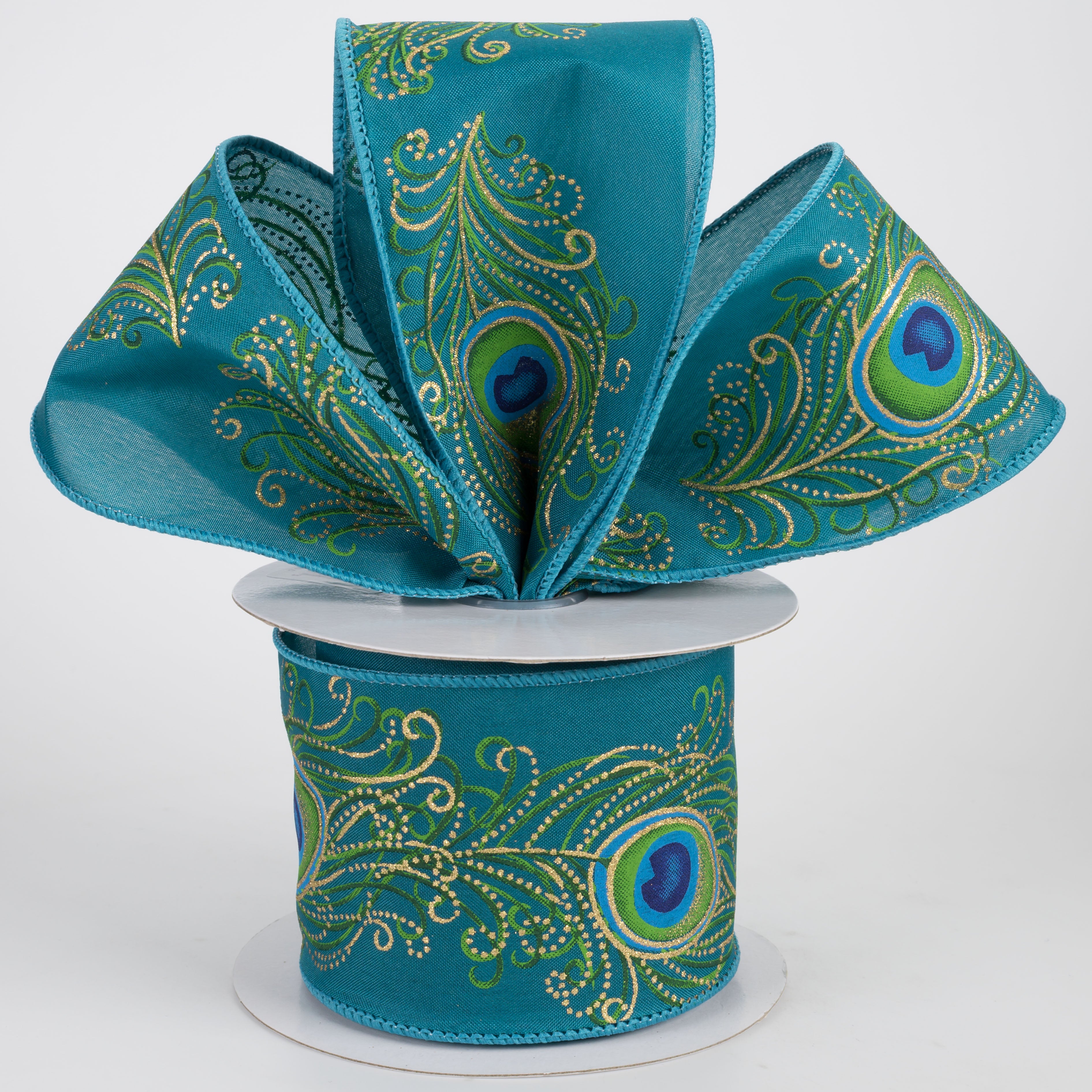 2.5" Peacock Feather Canvas Ribbon: Dark Teal, Green, Blue, Gold (10 Yards)