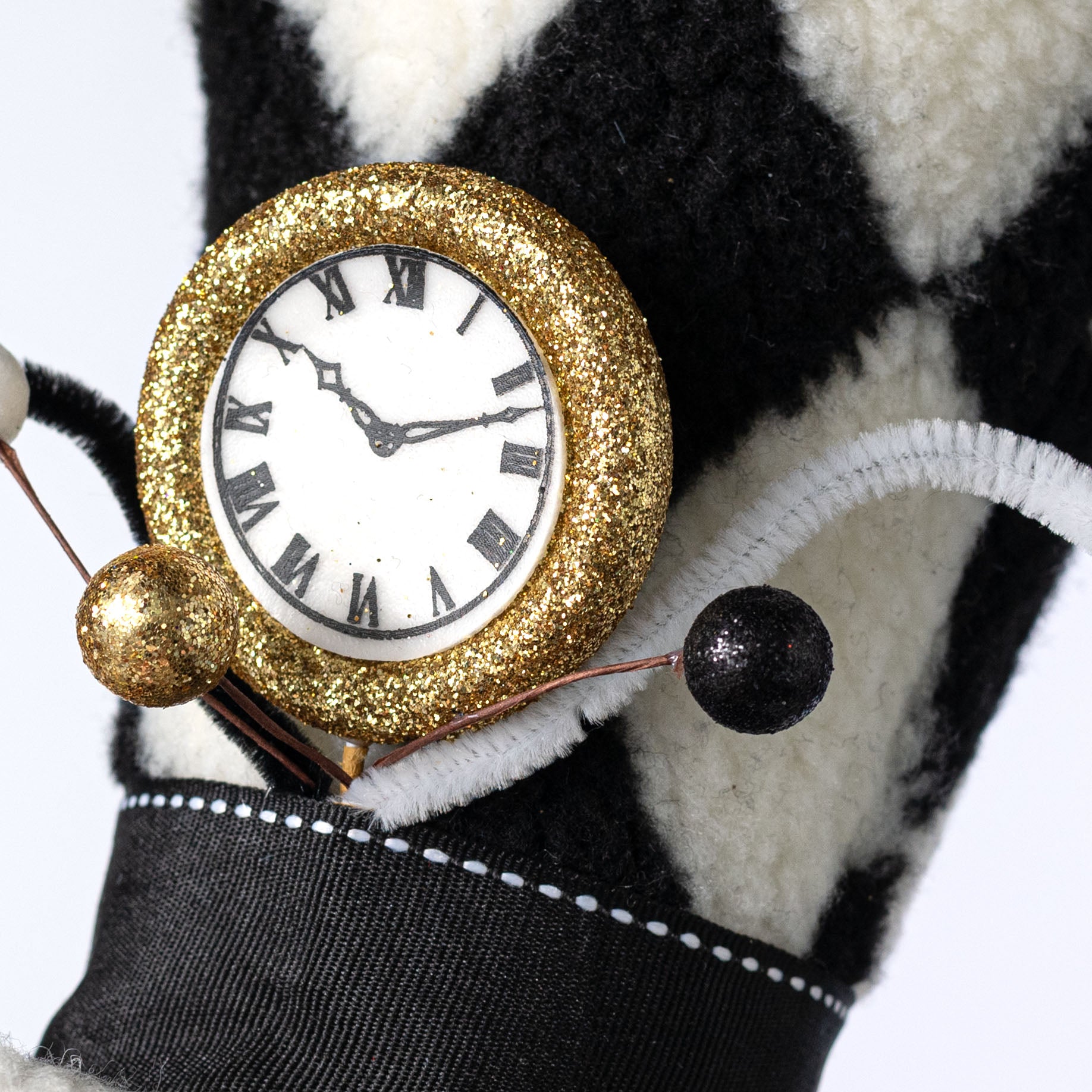 7.5" Fuzzy Harlequin Stopwatch Top Hat Decoration