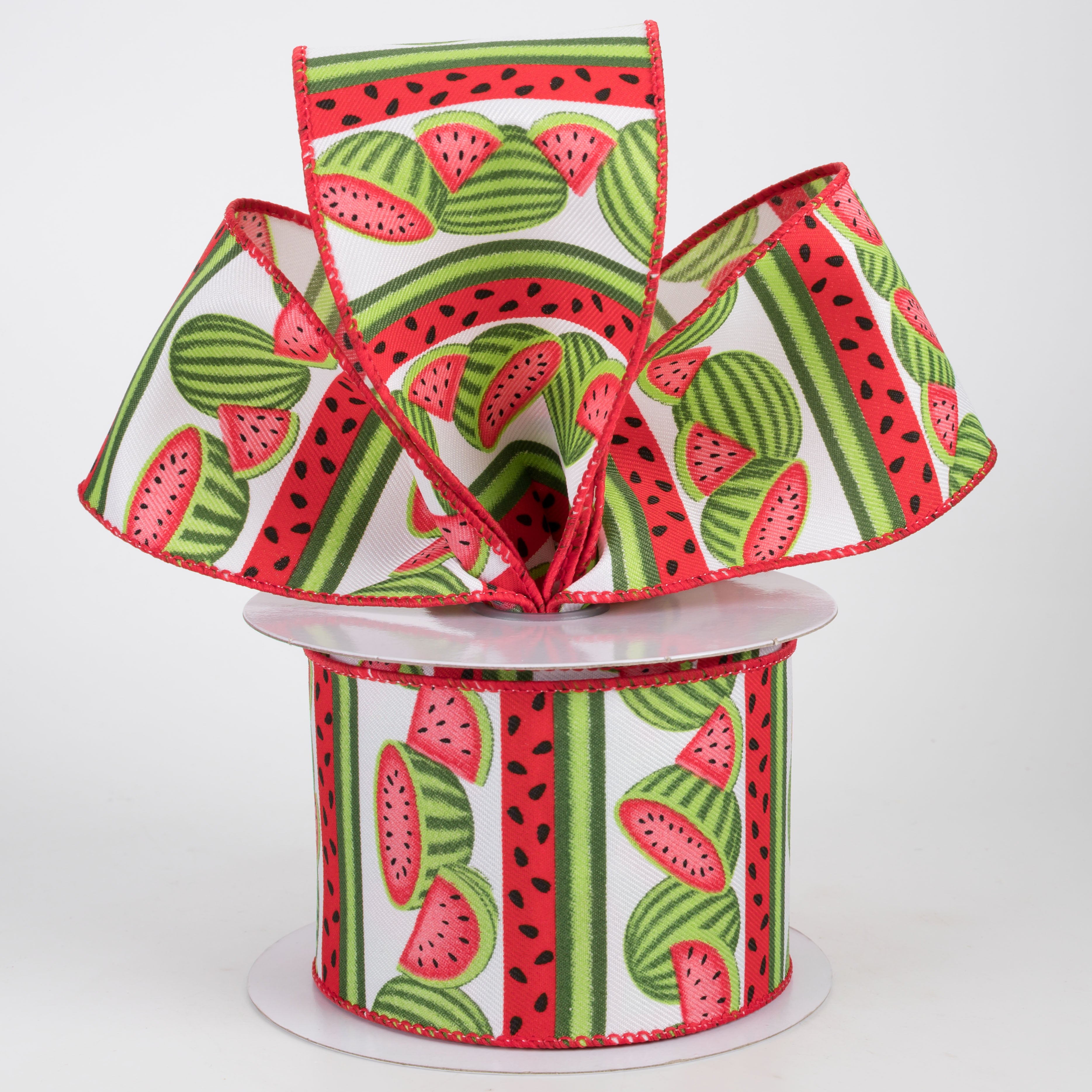 2.5" Watermelon Seeds & Stripes Ribbon: White (10 Yards)