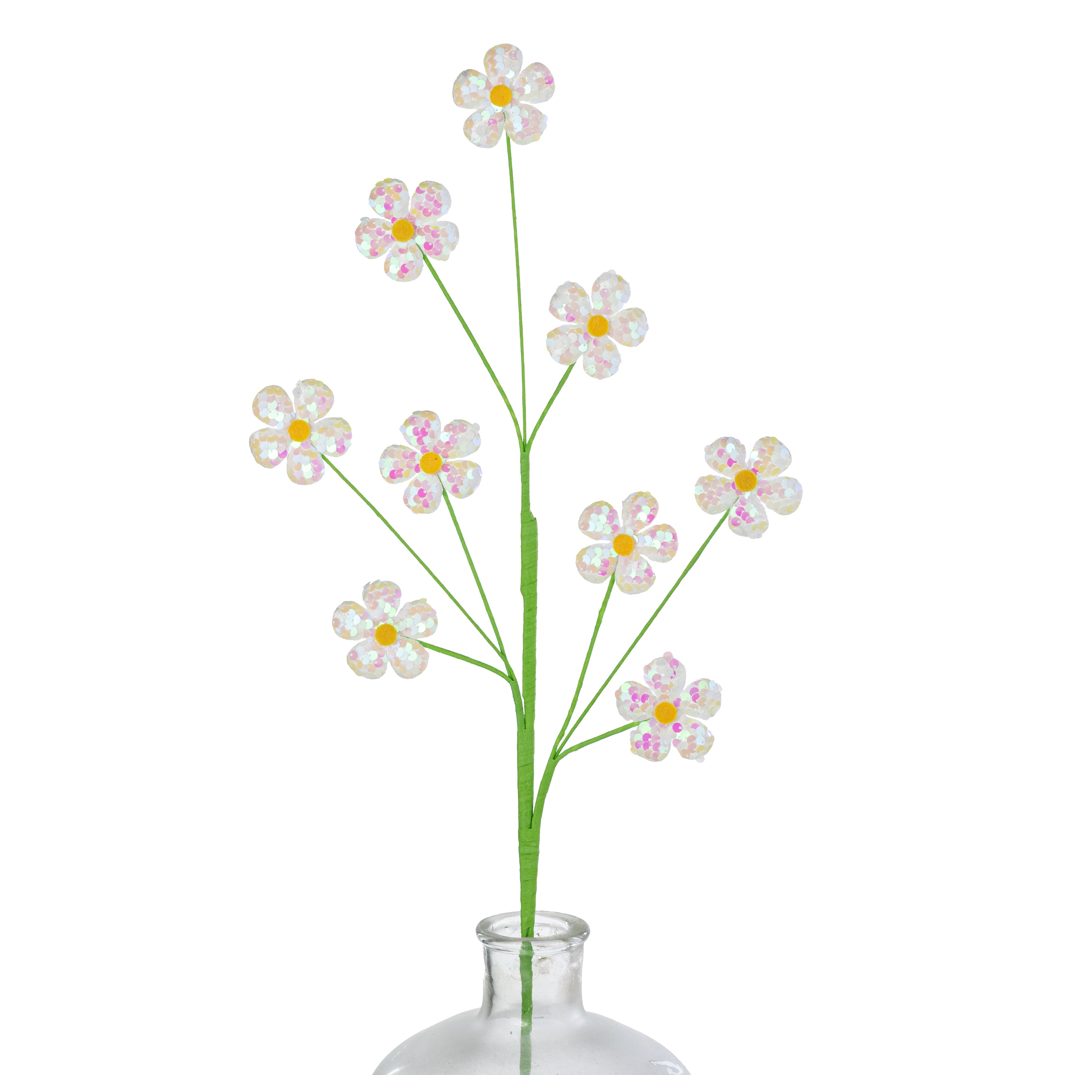 27" Sequin Daisies Spray: White