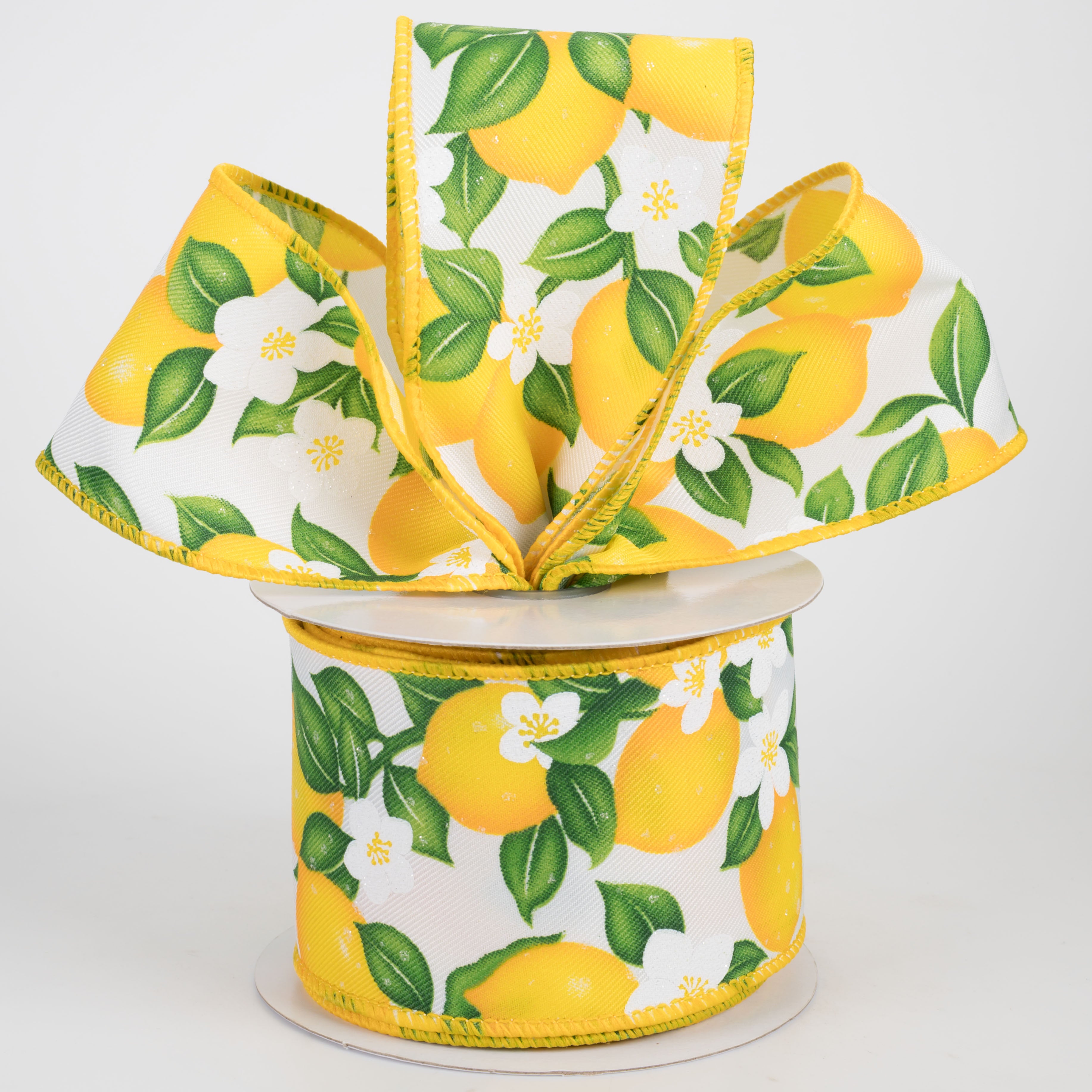 2.5" Lemons & Flowers Ribbon: White (10 Yards)
