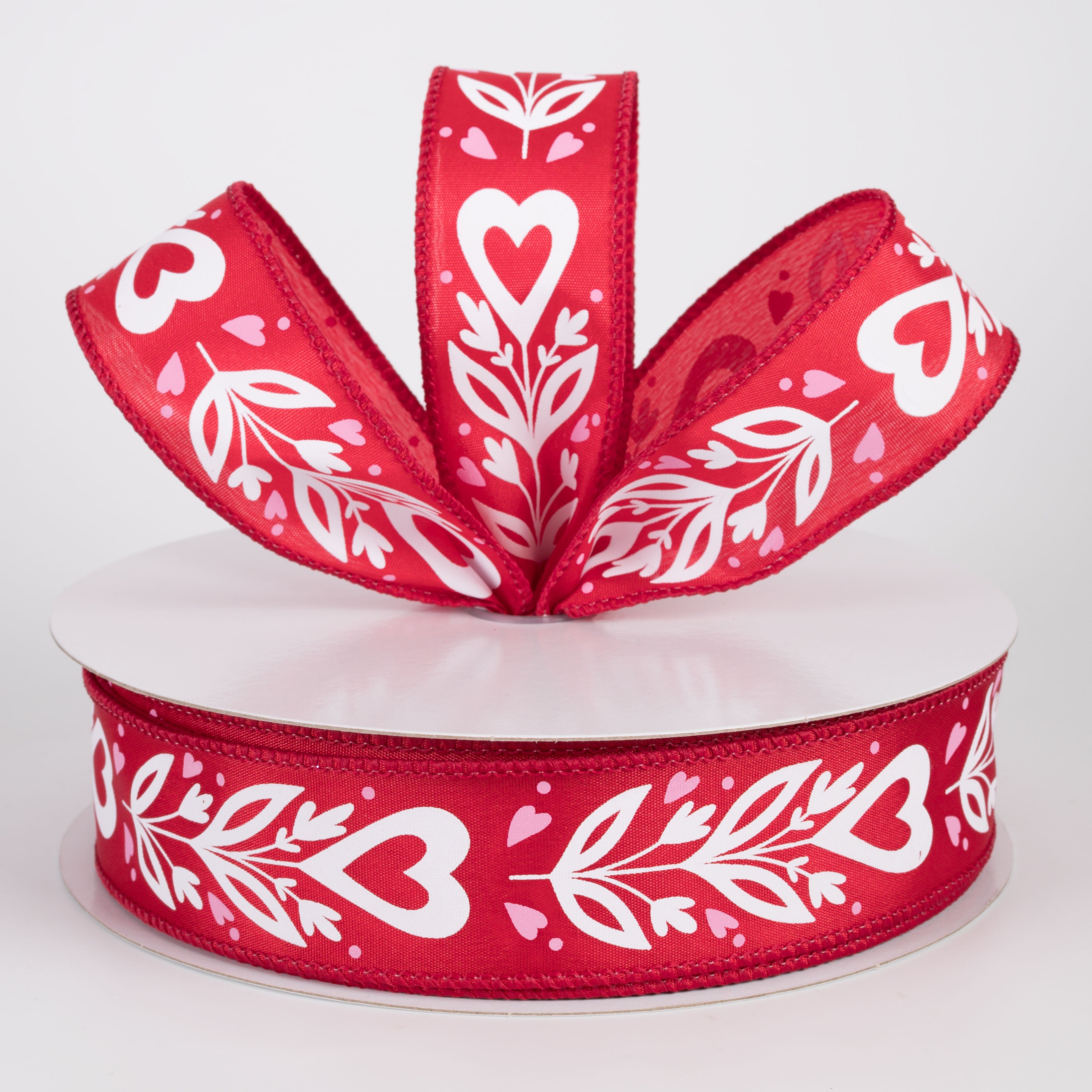 1.5" Satin Flower Hearts Ribbon: Pink & White on Red (50 Yards)