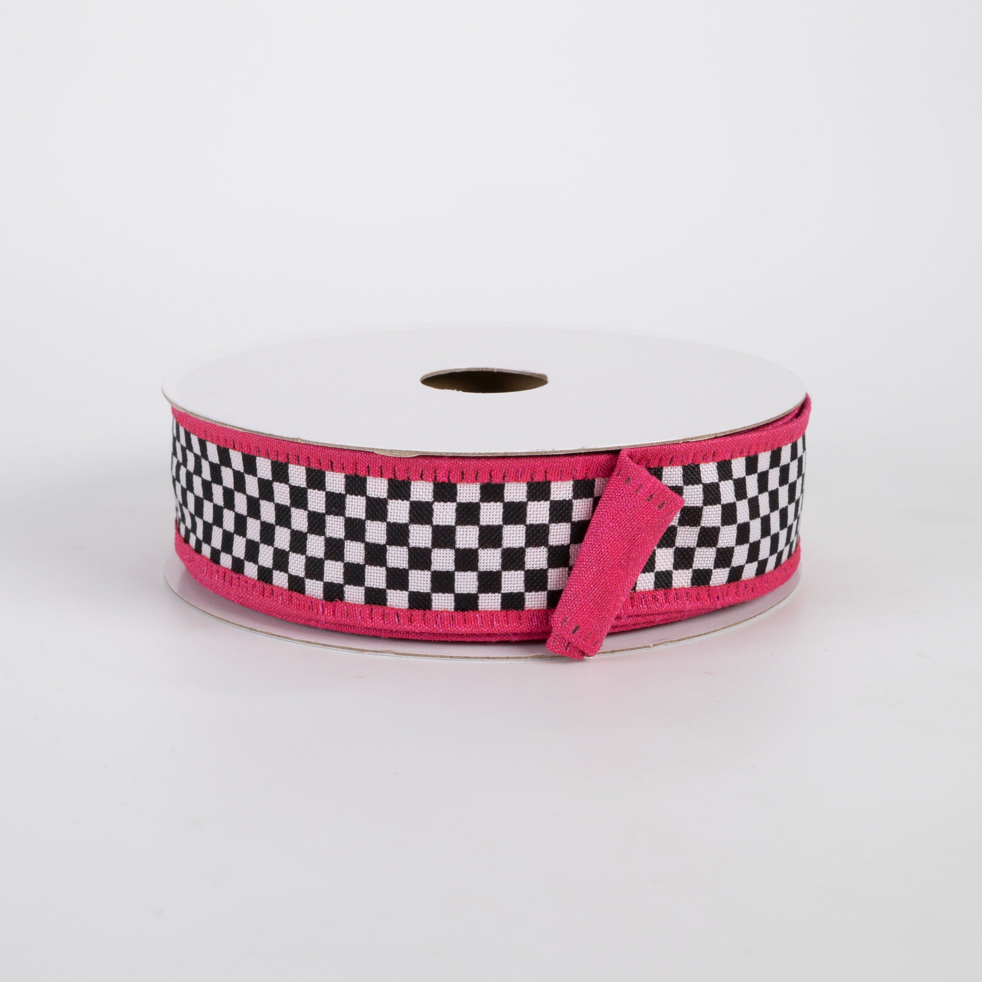 1" Double Sided Black & White Check & Dupioni Ribbon: Hot Pink (10 Yards)