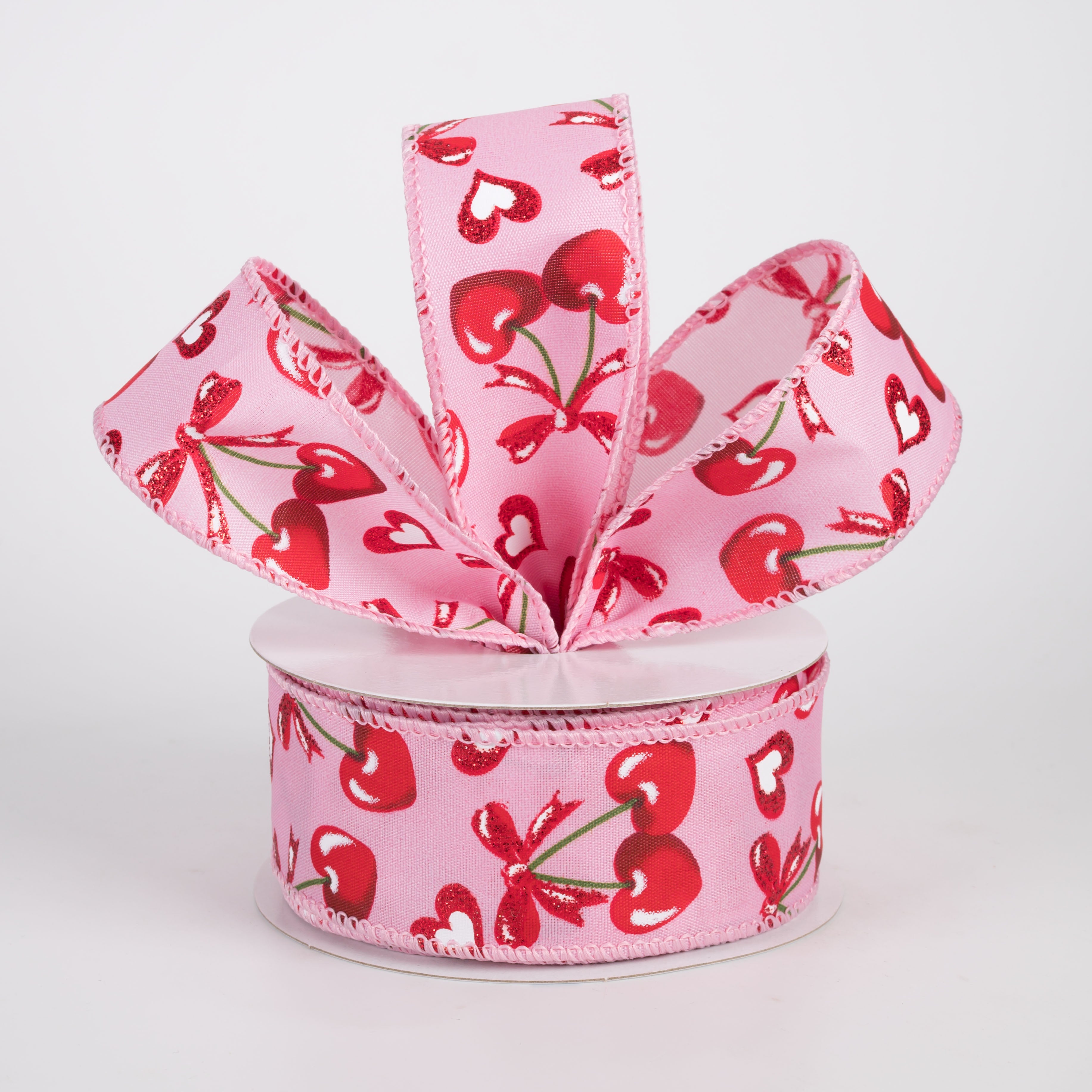 1.5" Satin Red Heart Cherries & Bows Ribbon: Pink (10 Yards)