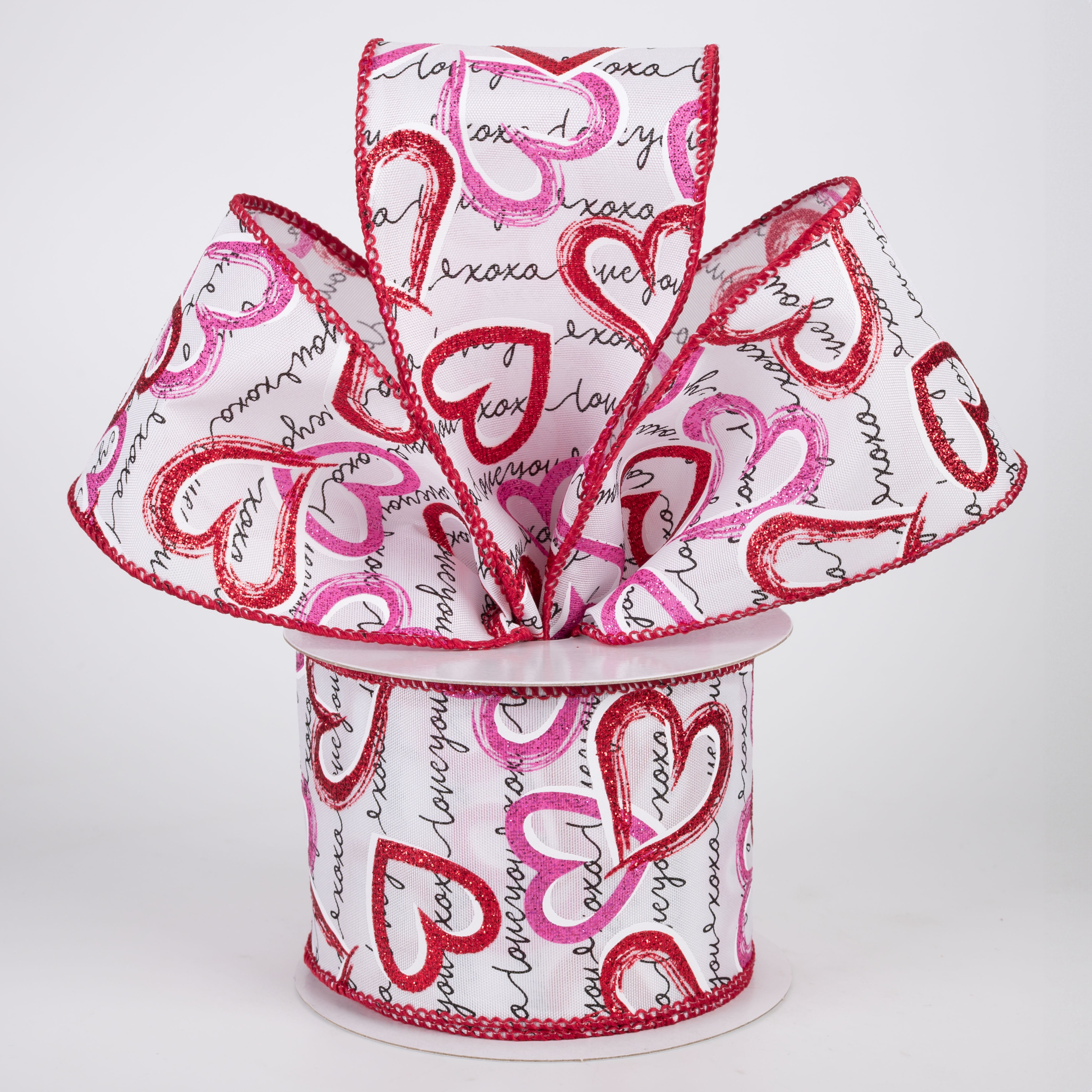 2.5" Love Book Script With Pink & Red Hearts Ribbon: White (10 Yards)