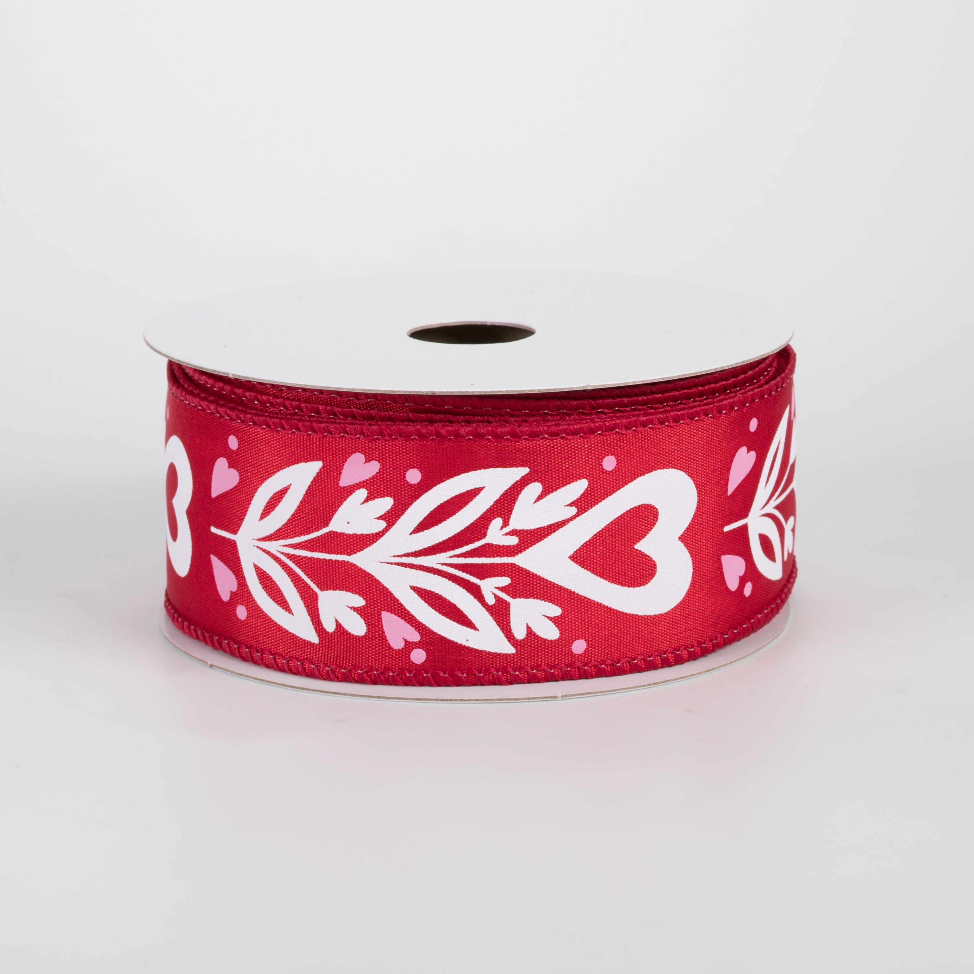 1.5" Satin Flower Hearts Ribbon: Pink & White on Red (10 Yards)