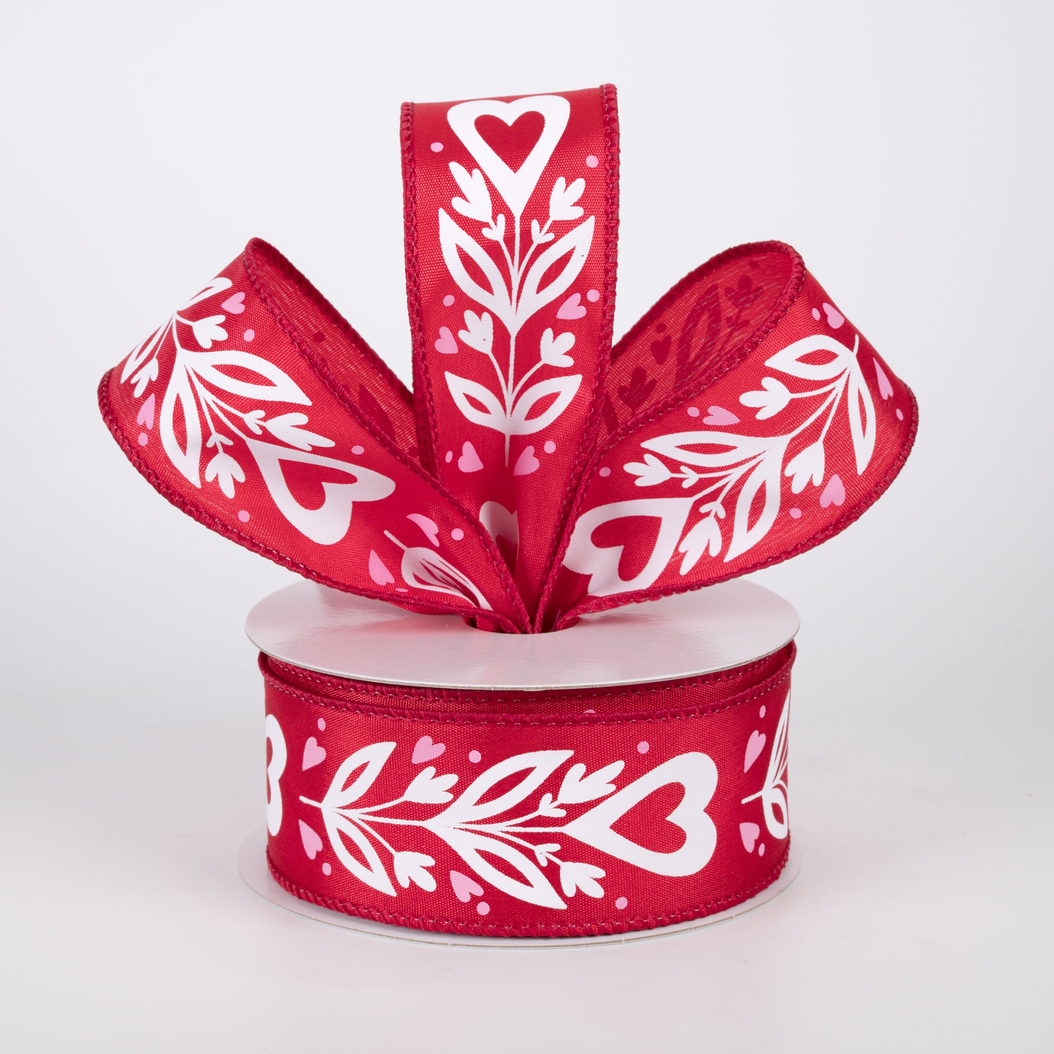 1.5" Satin Flower Hearts Ribbon: Pink & White on Red (10 Yards)