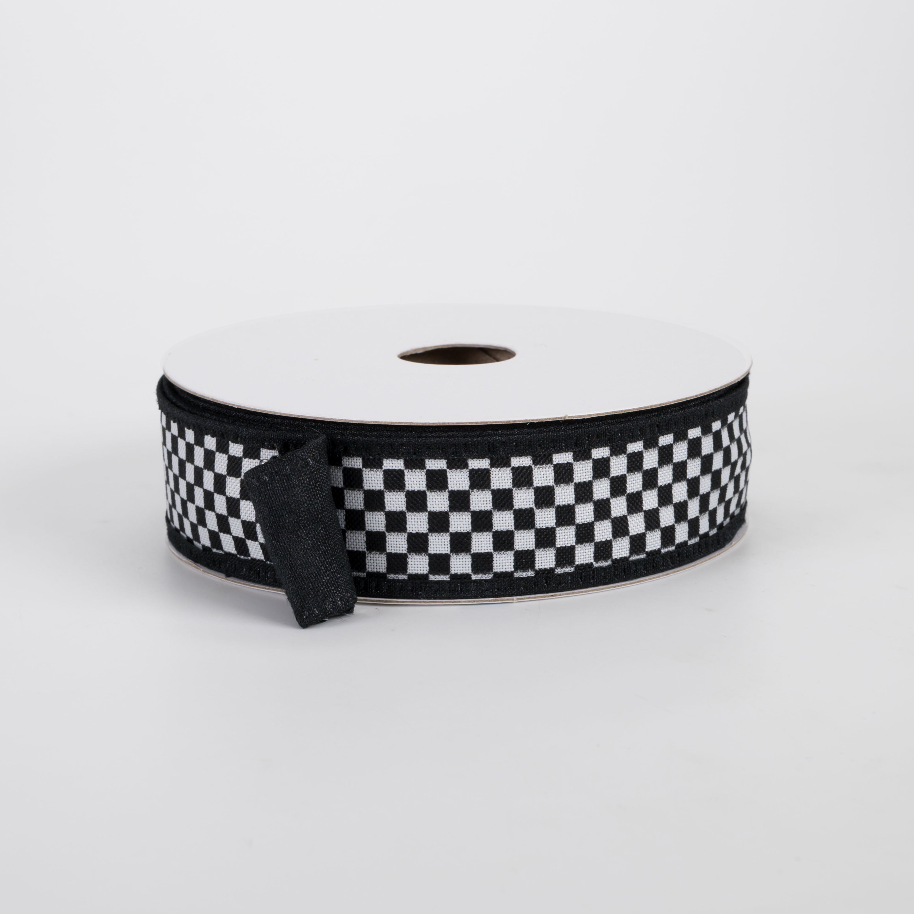 1" Double Sided Black & White Check & Dupioni Ribbon: Black (10 Yards)