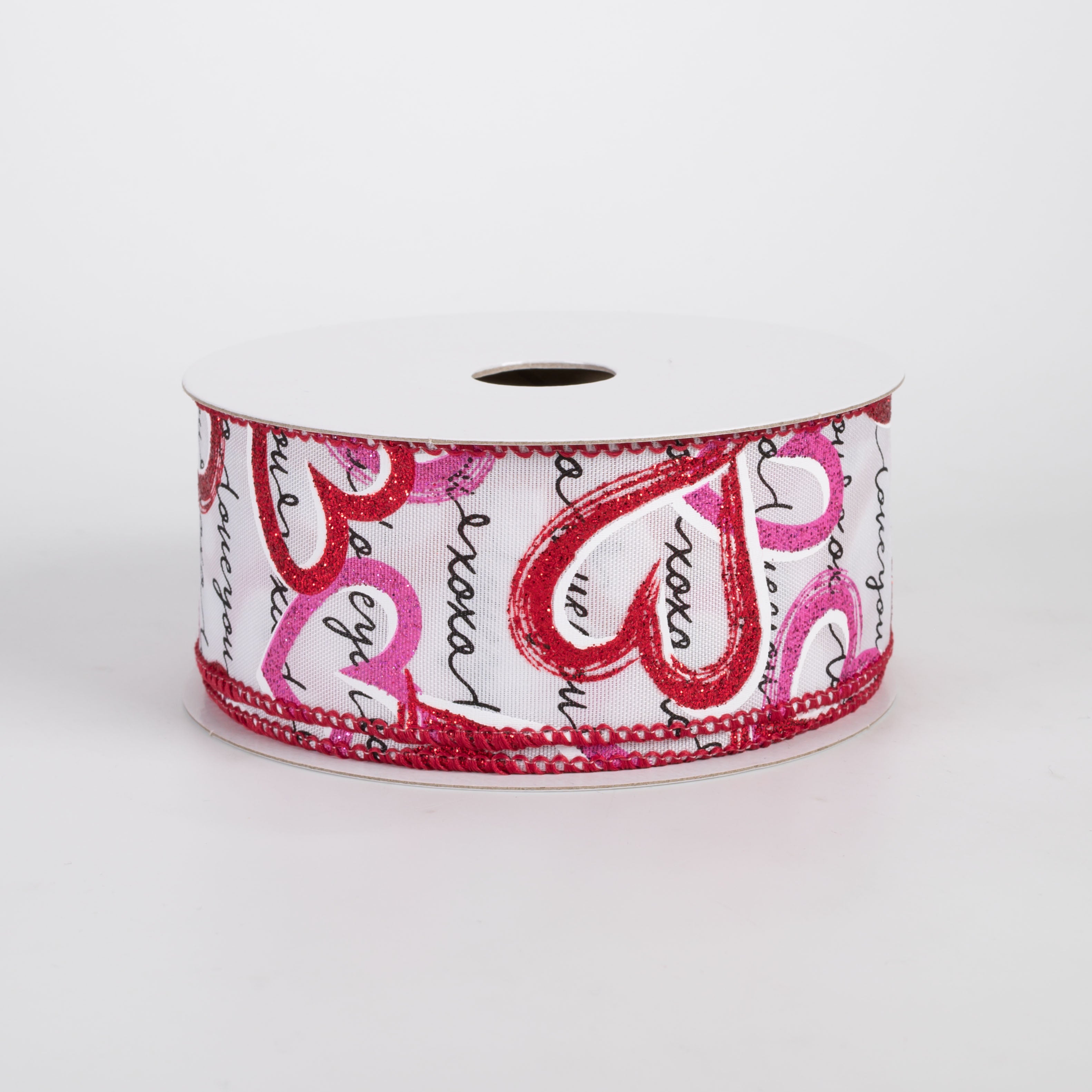 1.5" Love Book Script With Pink & Red Hearts Ribbon: White (10 Yards)