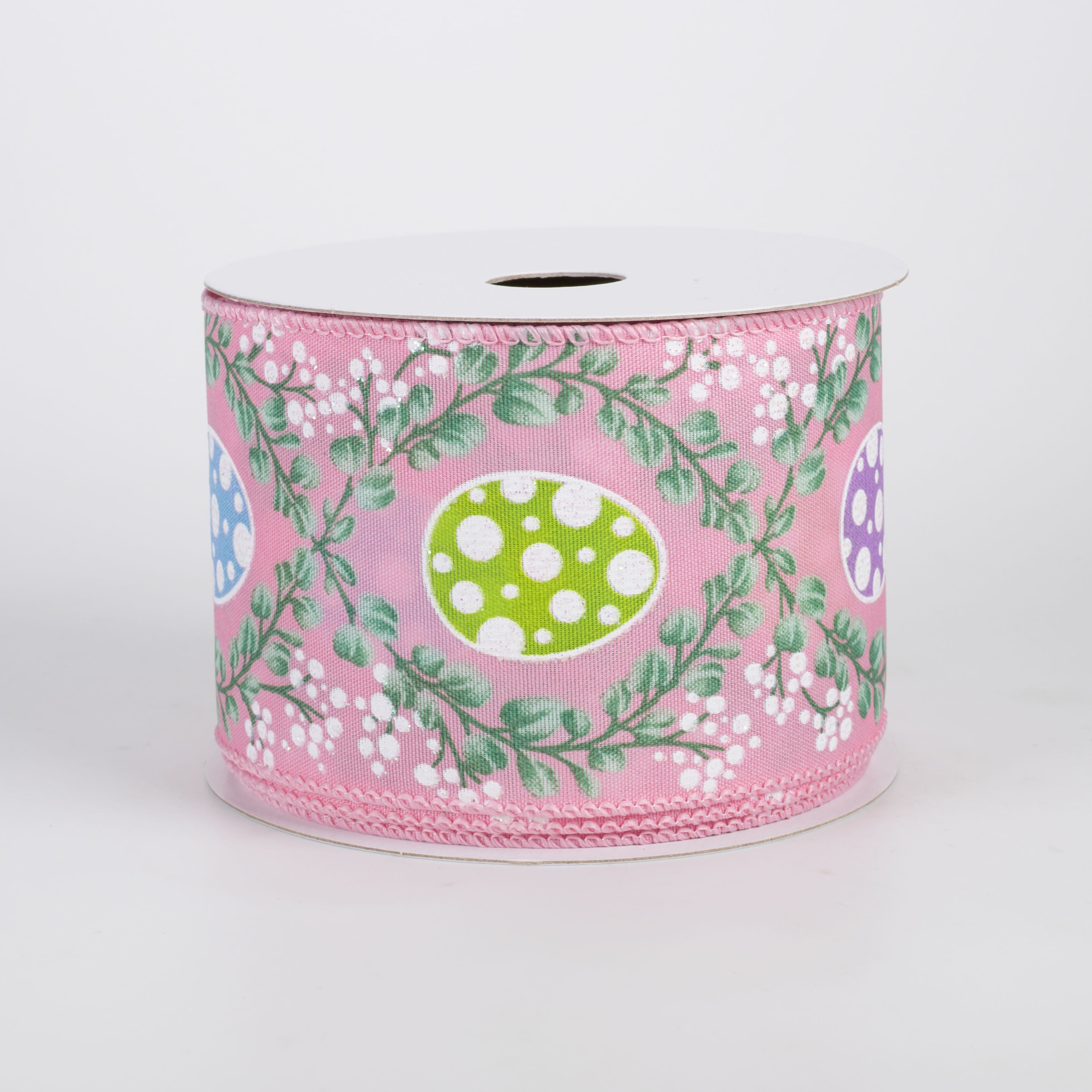 2.5" Satin Eucalyptus Trellis & Easter Eggs Ribbon: Pink (10 Yards)