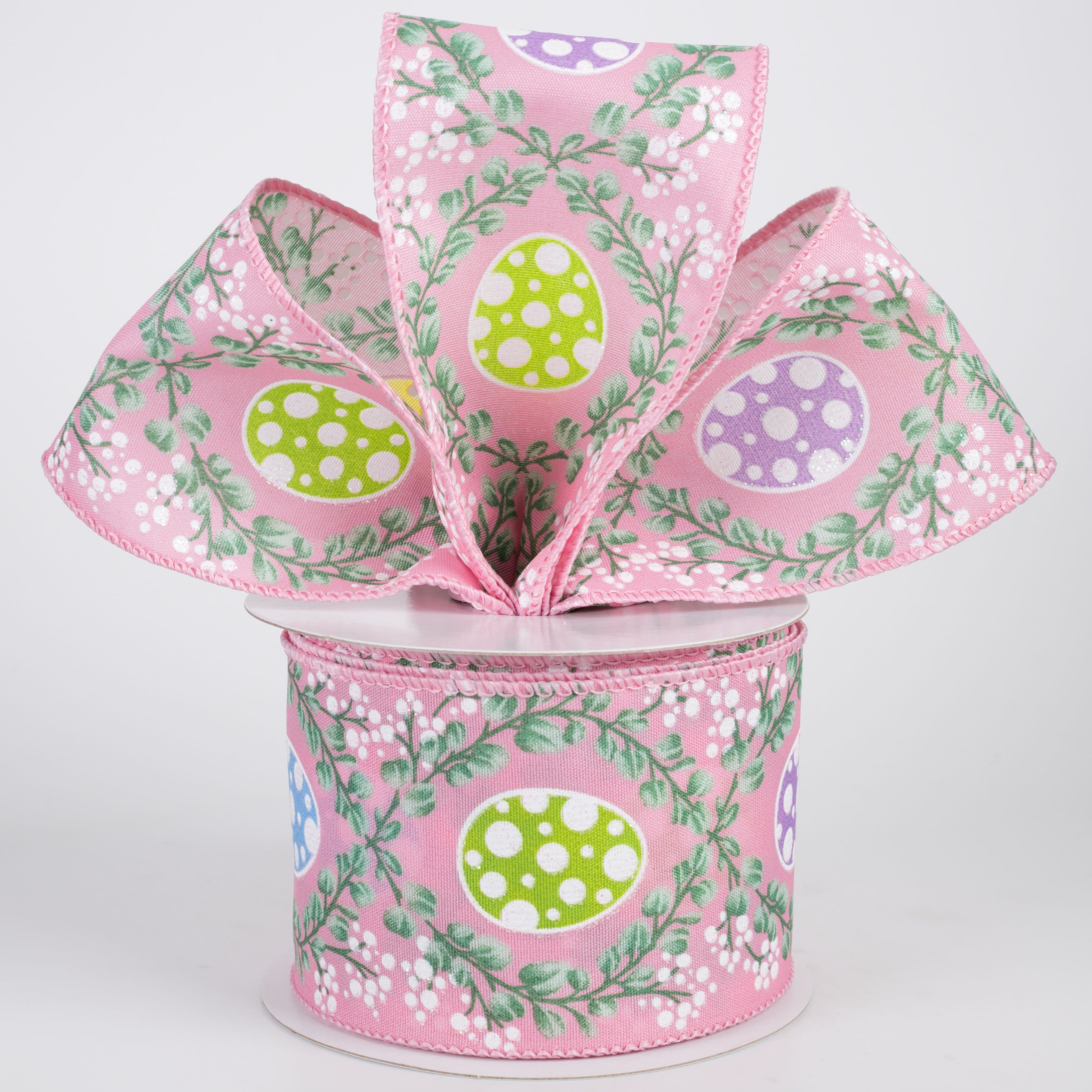 2.5" Satin Eucalyptus Trellis & Easter Eggs Ribbon: Pink (10 Yards)