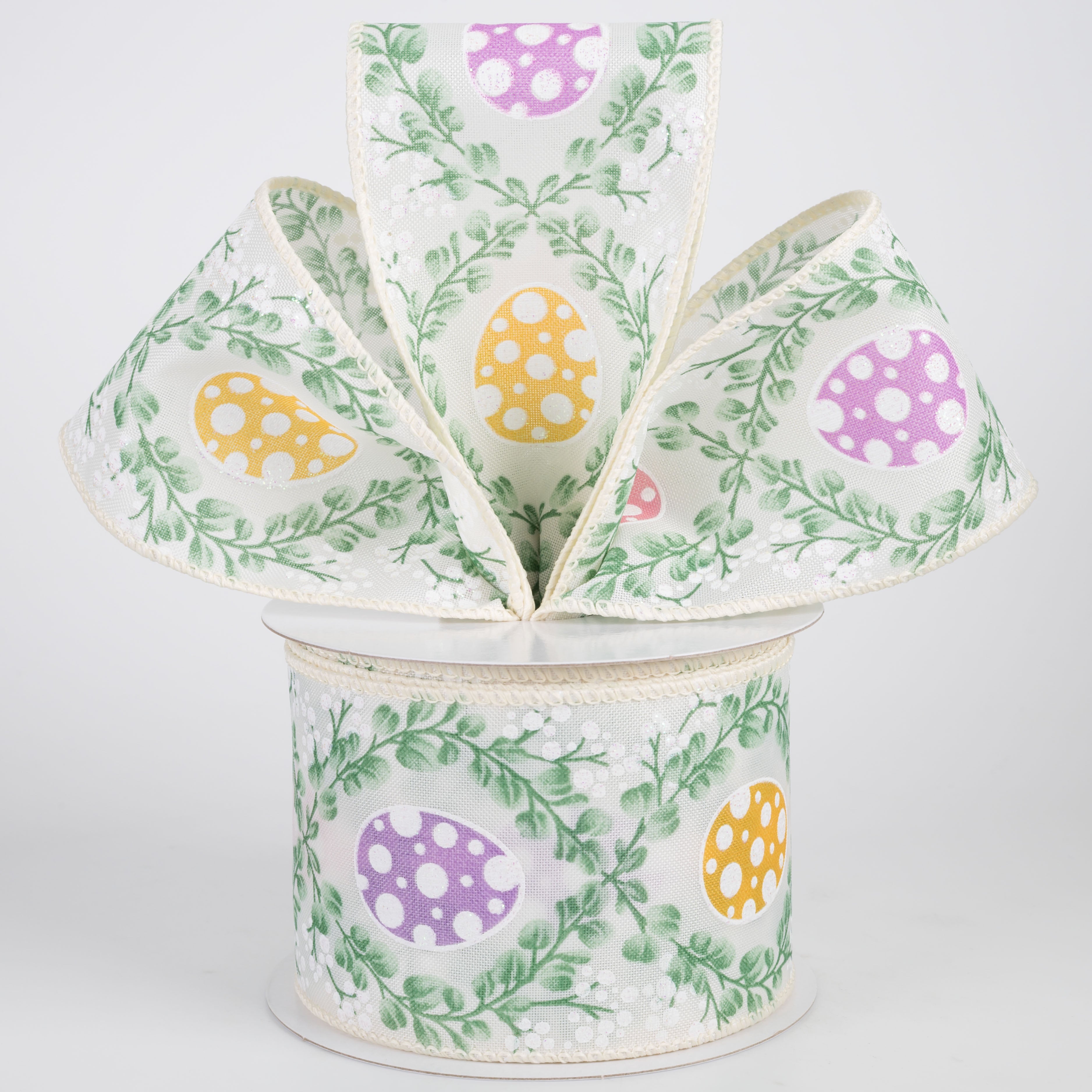 2.5" Satin Eucalyptus Trellis & Easter Eggs Ribbon: Ivory (10 Yards)